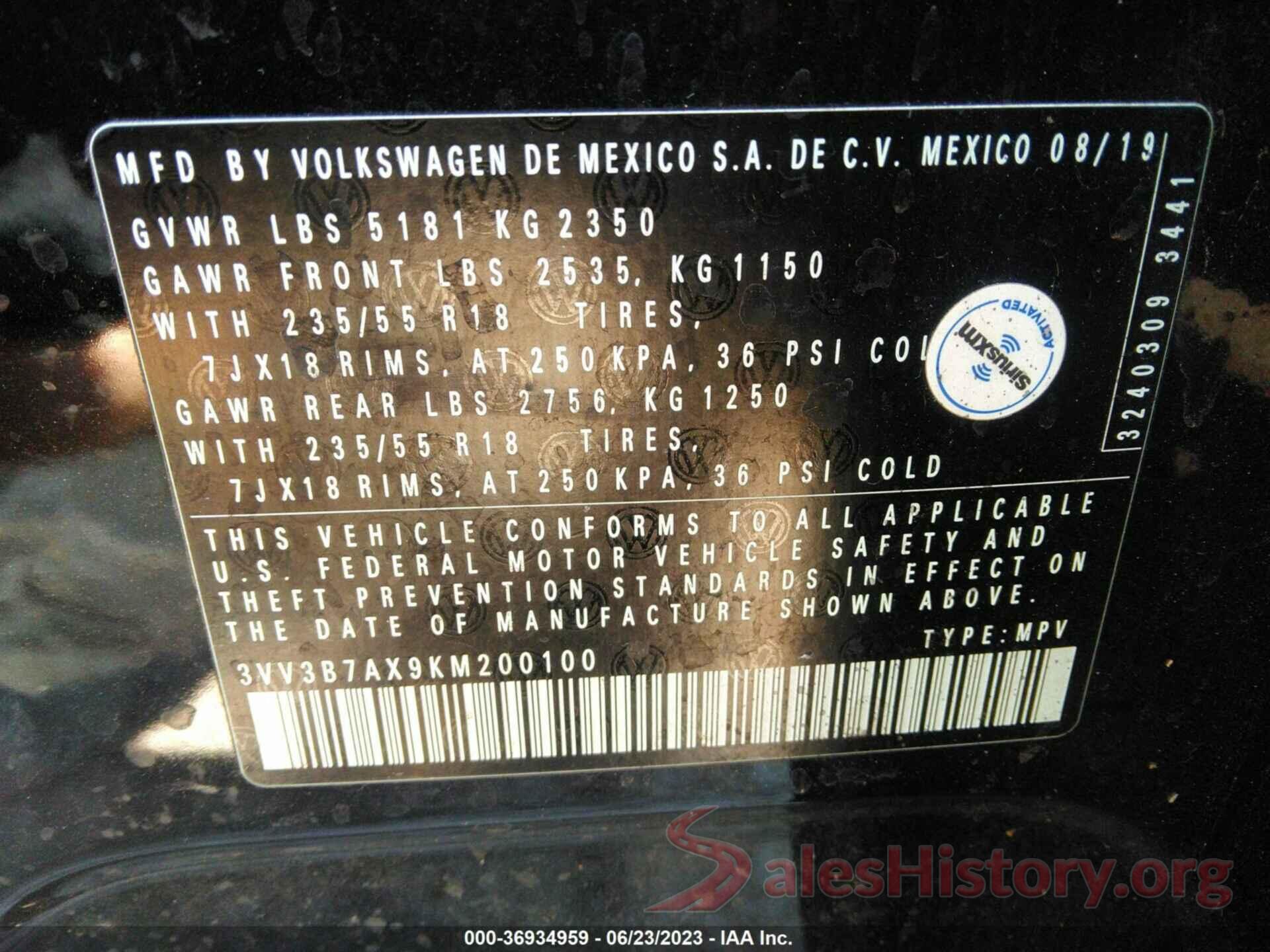 3VV3B7AX9KM200100 2019 VOLKSWAGEN TIGUAN