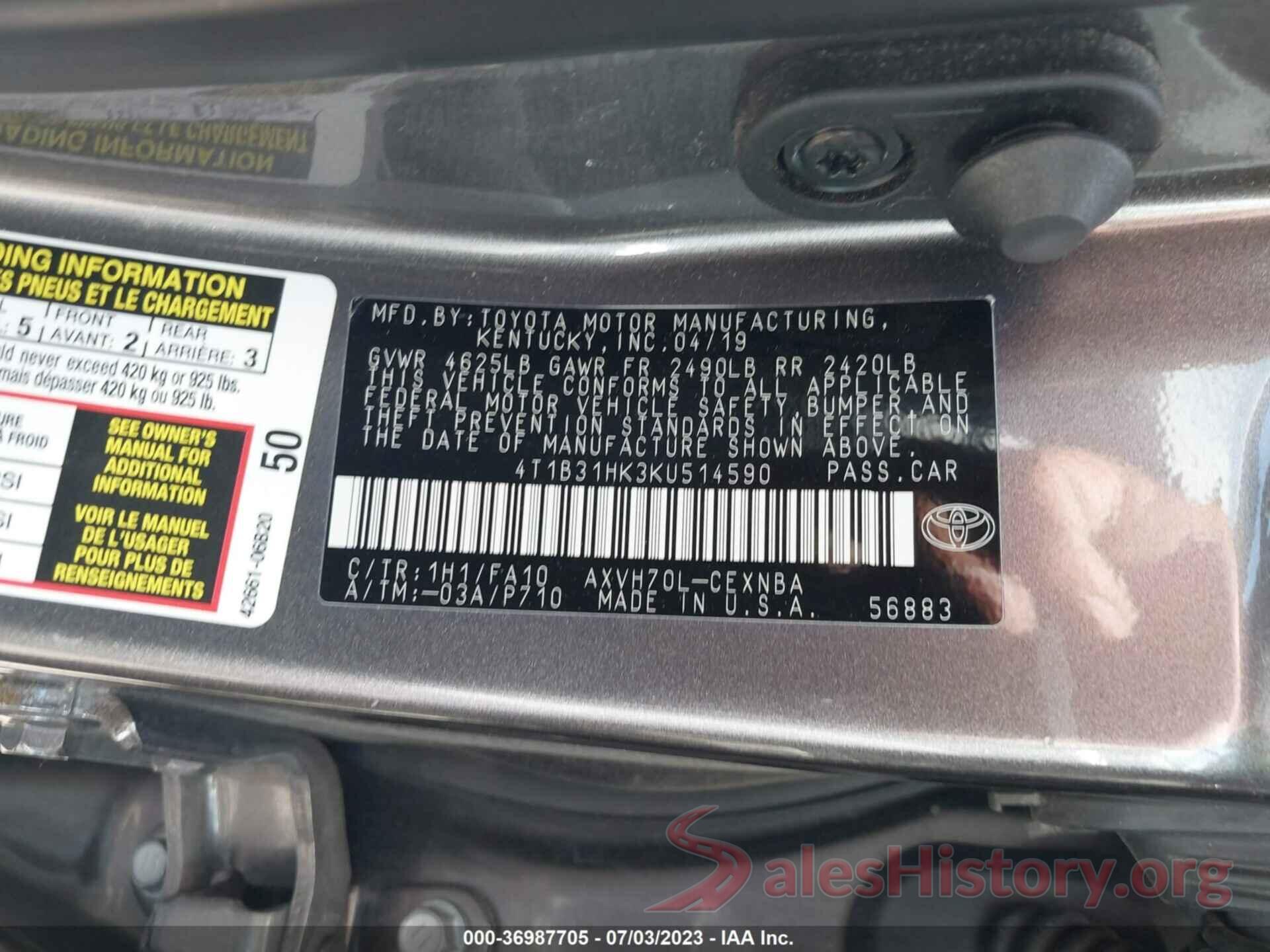 4T1B31HK3KU514590 2019 TOYOTA CAMRY