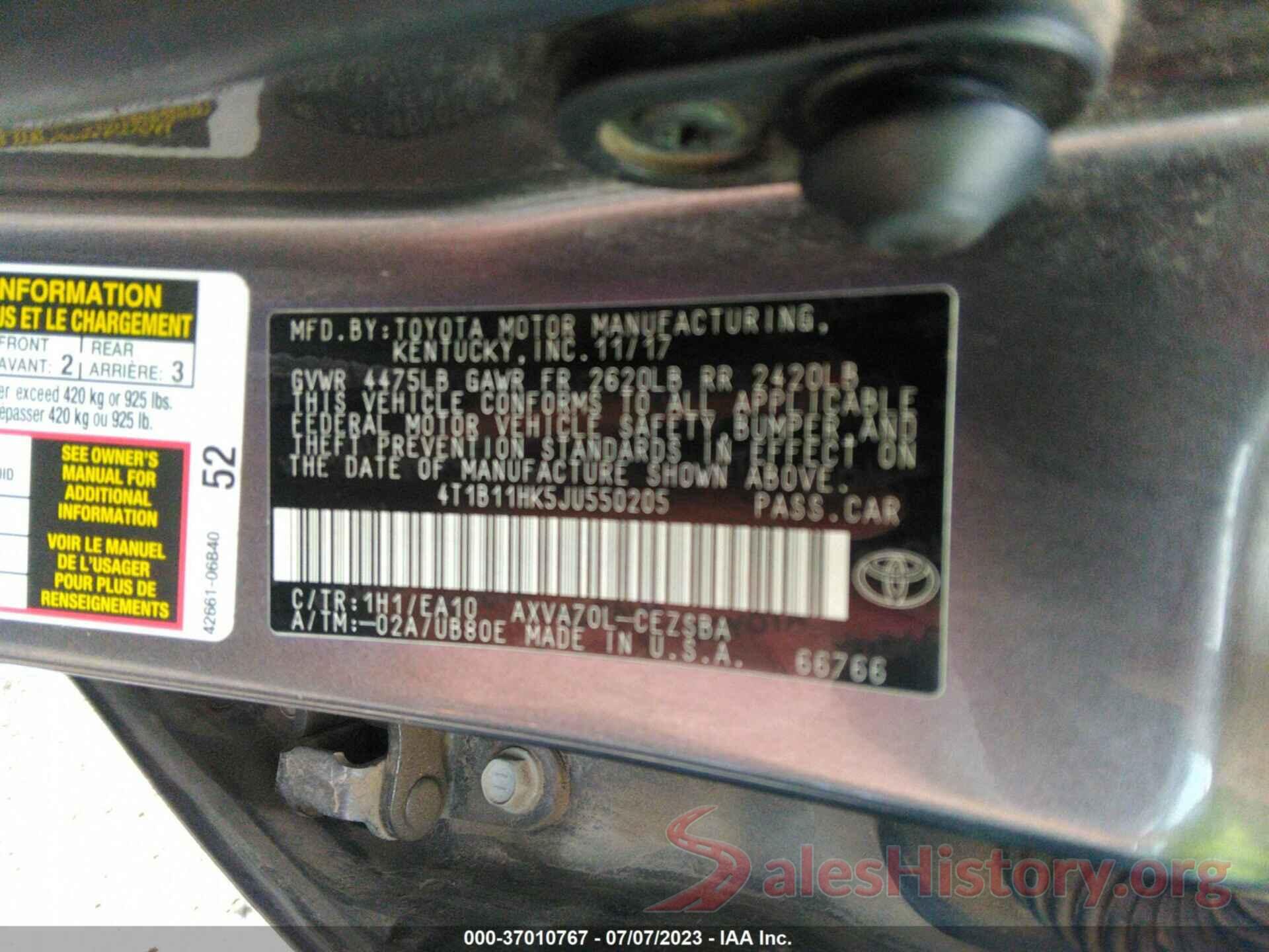 4T1B11HK5JU550205 2018 TOYOTA CAMRY