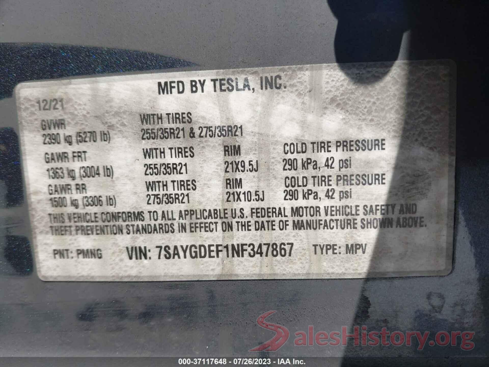 7SAYGDEF1NF347867 2022 TESLA MODEL Y