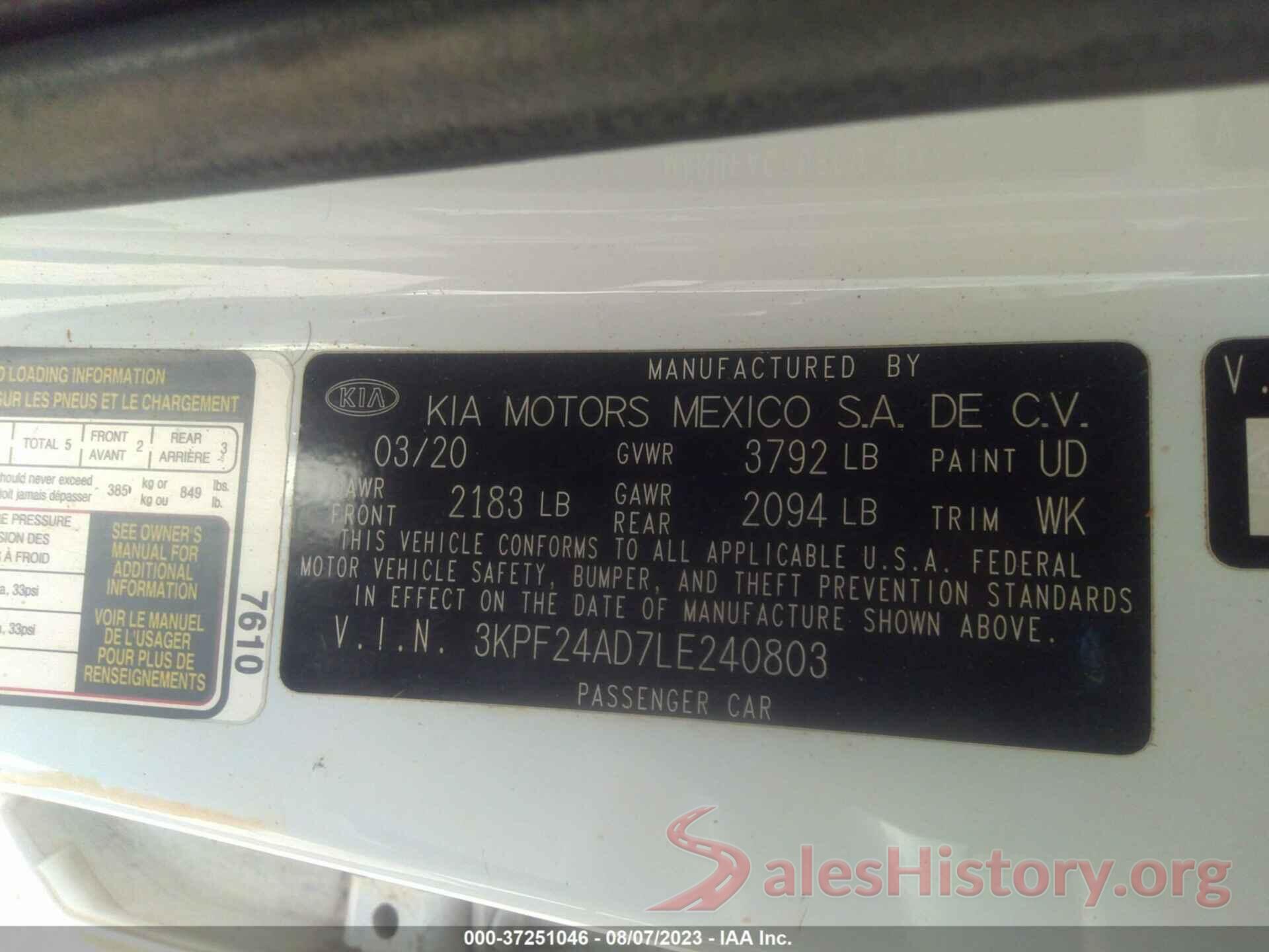 3KPF24AD7LE240803 2020 KIA FORTE