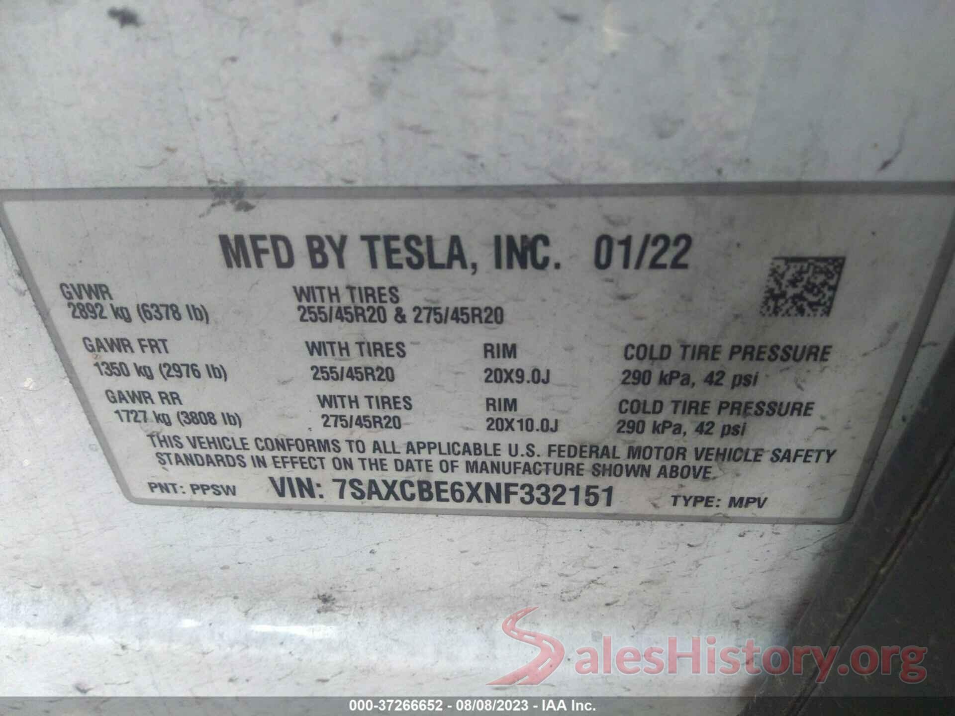 7SAXCBE6XNF332151 2022 TESLA MODEL X