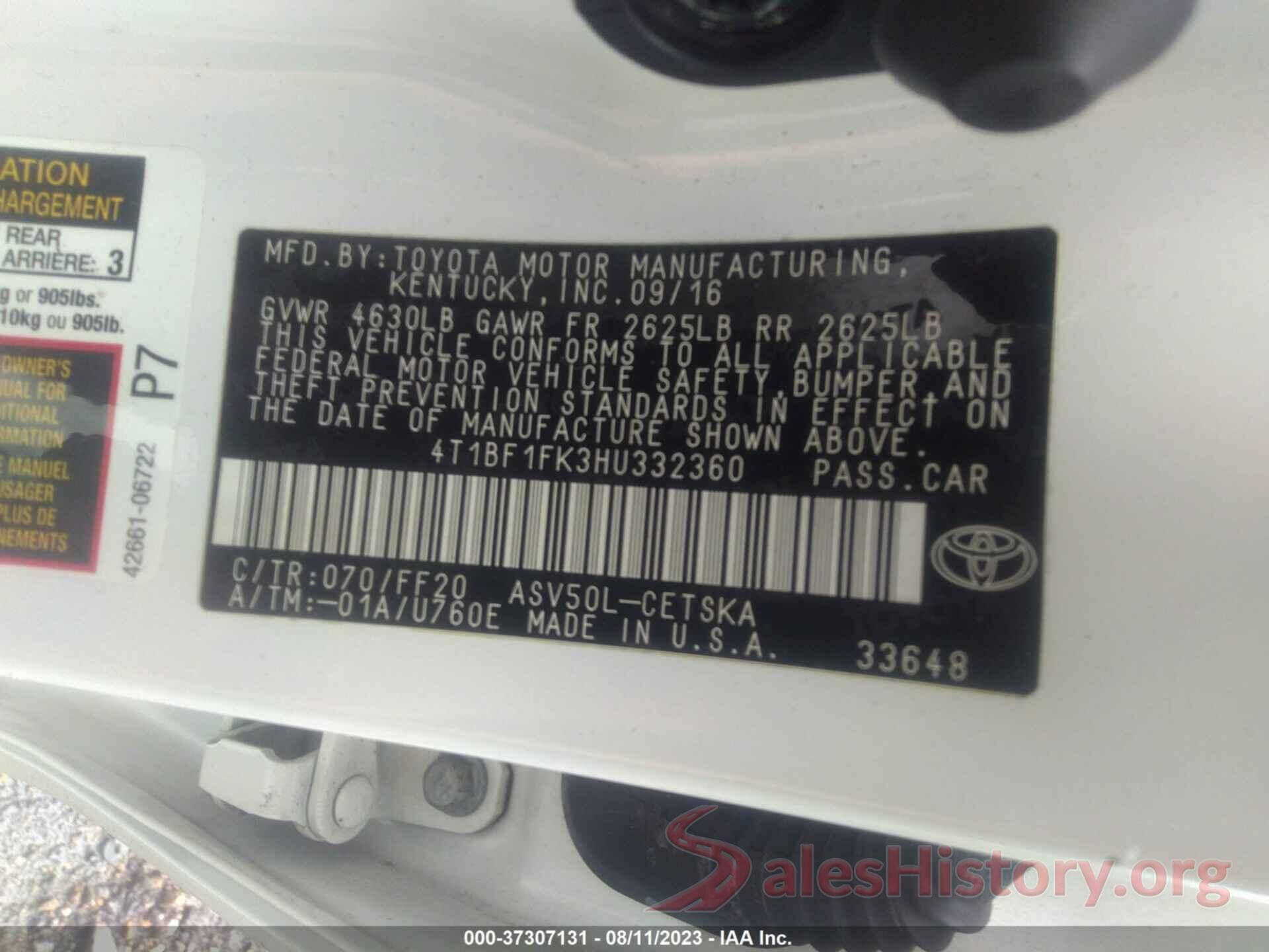 4T1BF1FK3HU332360 2017 TOYOTA CAMRY