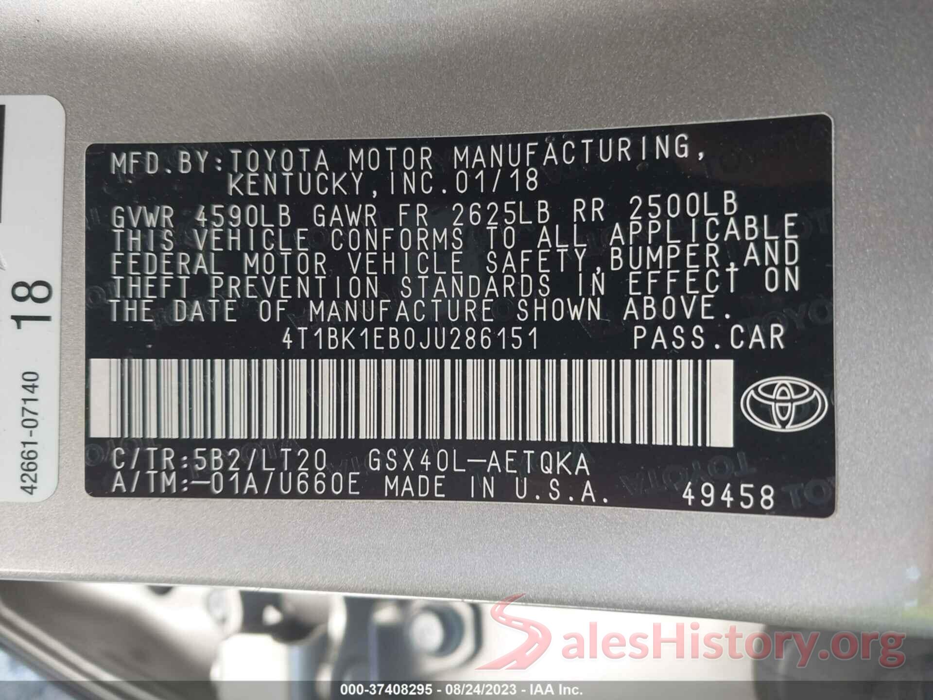 4T1BK1EB0JU286151 2018 TOYOTA AVALON