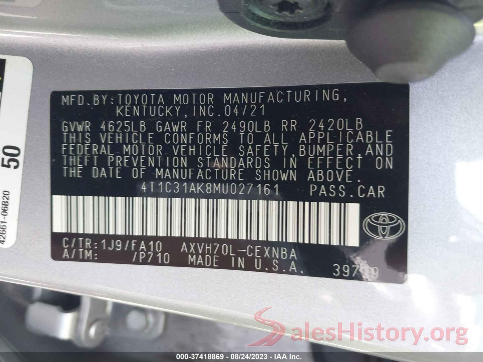 4T1C31AK8MU027161 2021 TOYOTA CAMRY