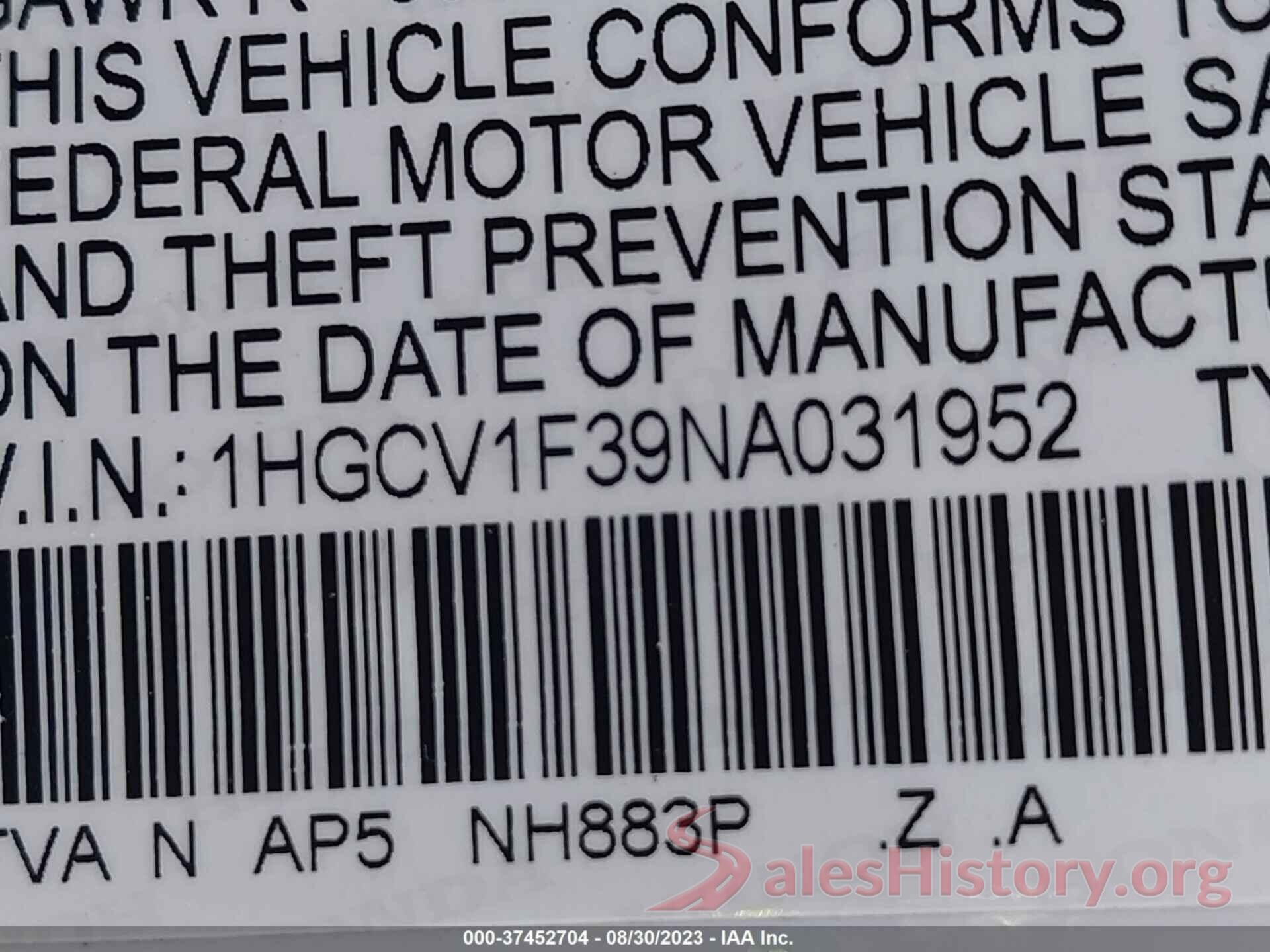 1HGCV1F39NA031952 2022 HONDA ACCORD SEDAN