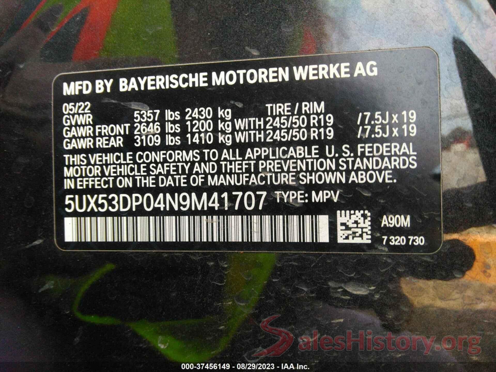 5UX53DP04N9M41707 2022 BMW X3