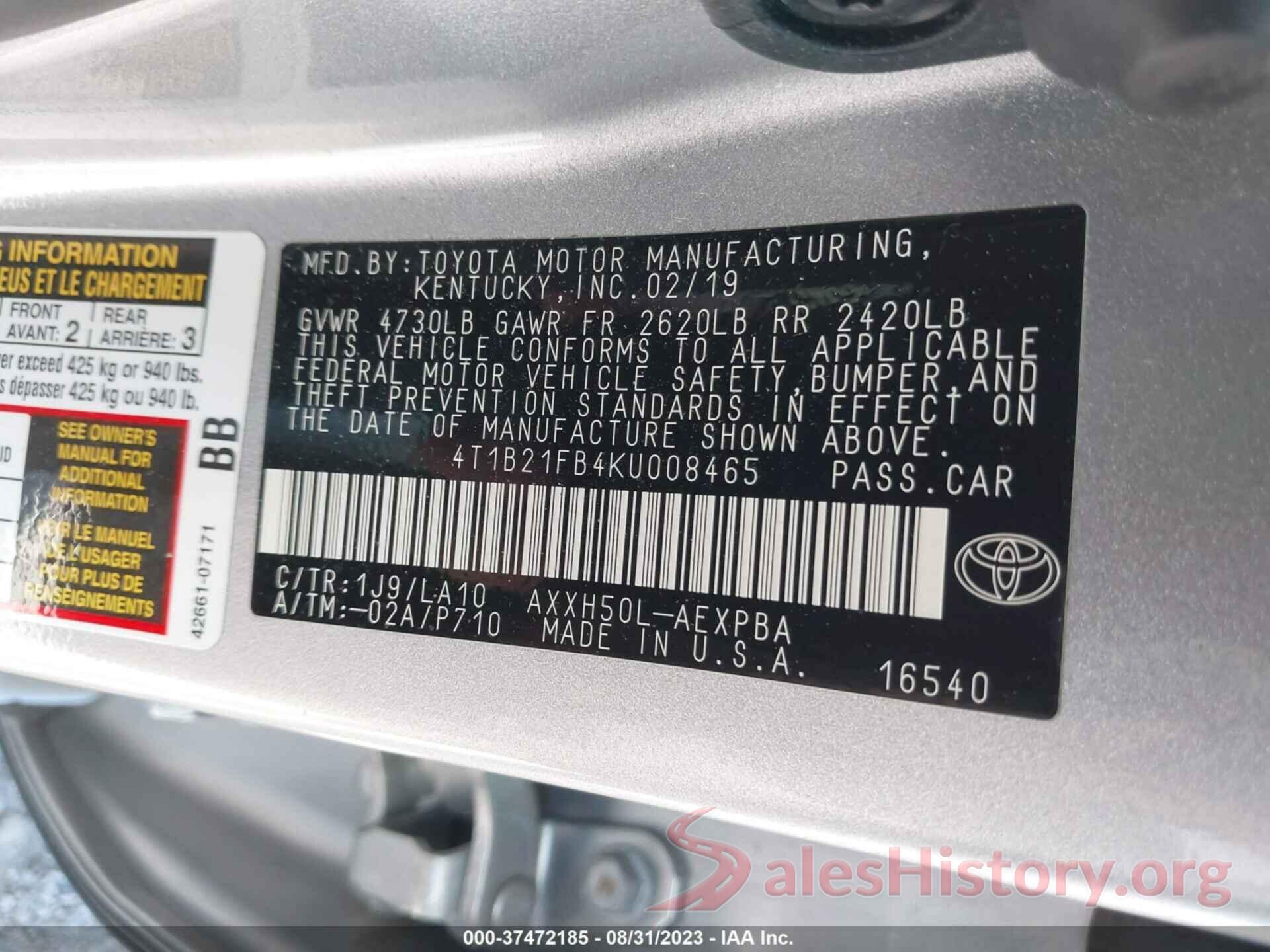 4T1B21FB4KU008465 2019 TOYOTA AVALON