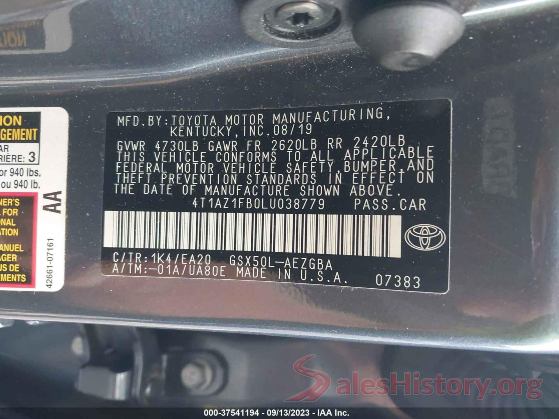 4T1AZ1FB0LU038779 2020 TOYOTA AVALON