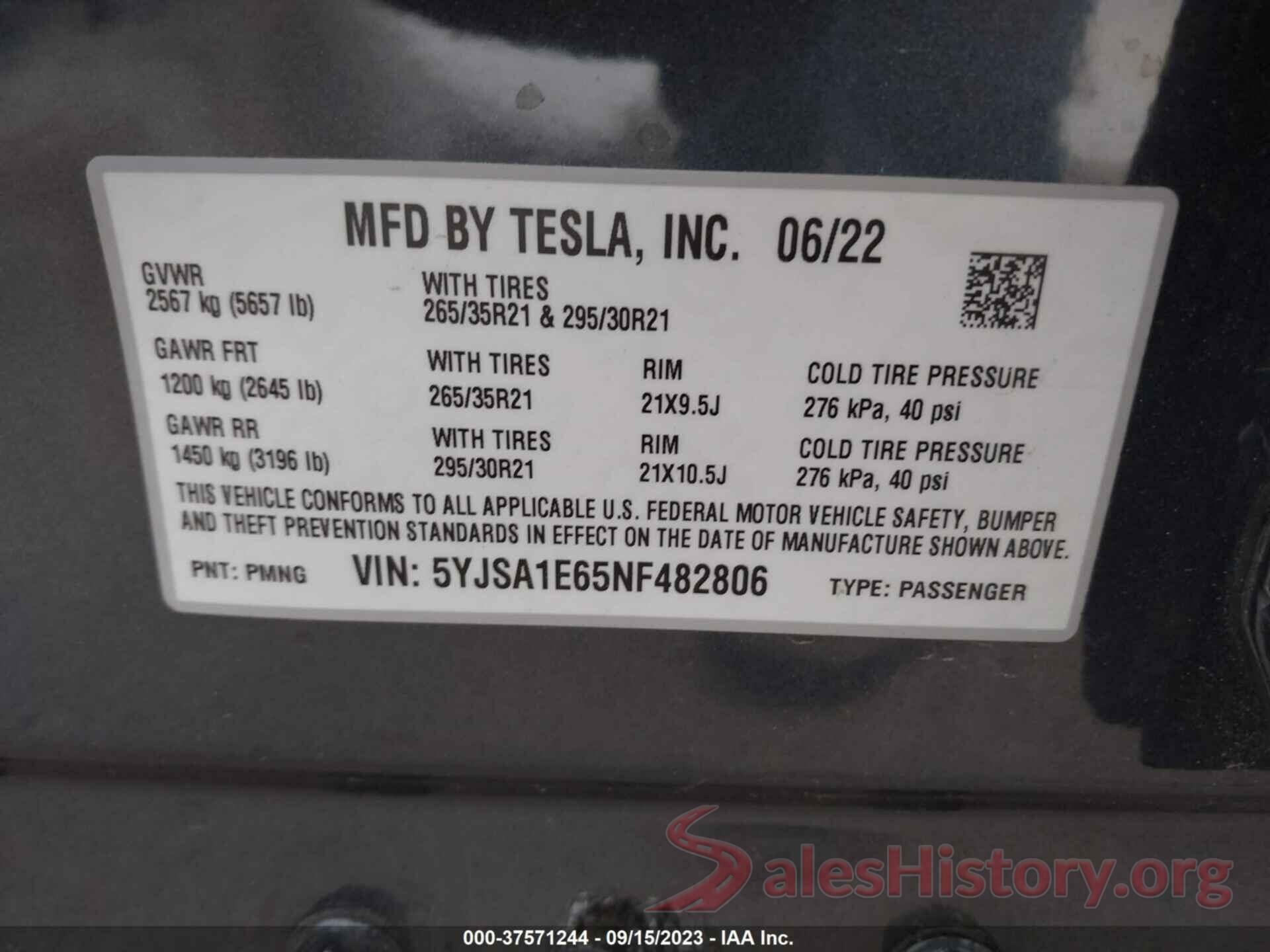 5YJSA1E65NF482806 2022 TESLA MODEL S