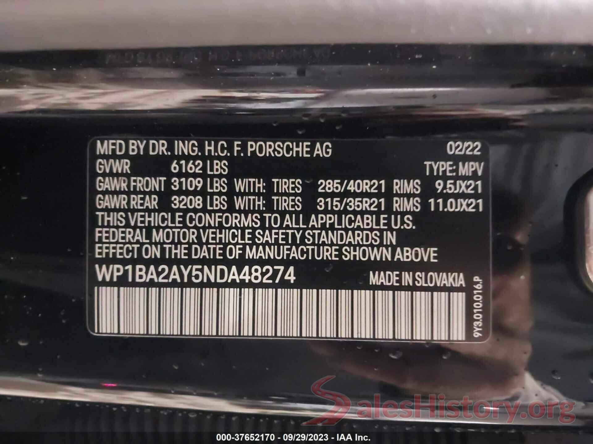 WP1BA2AY5NDA48274 2022 PORSCHE CAYENNE