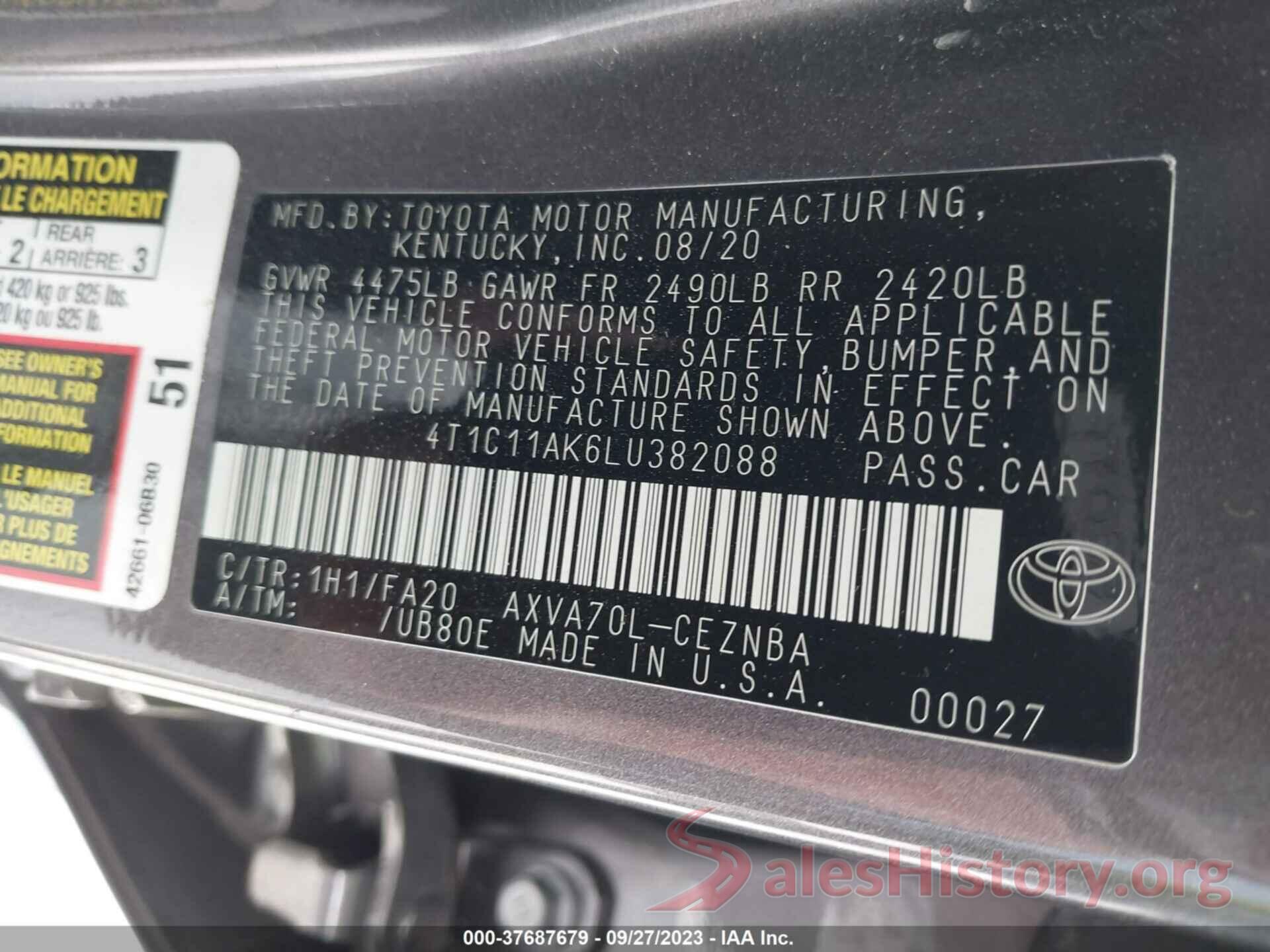 4T1C11AK6LU382088 2020 TOYOTA CAMRY