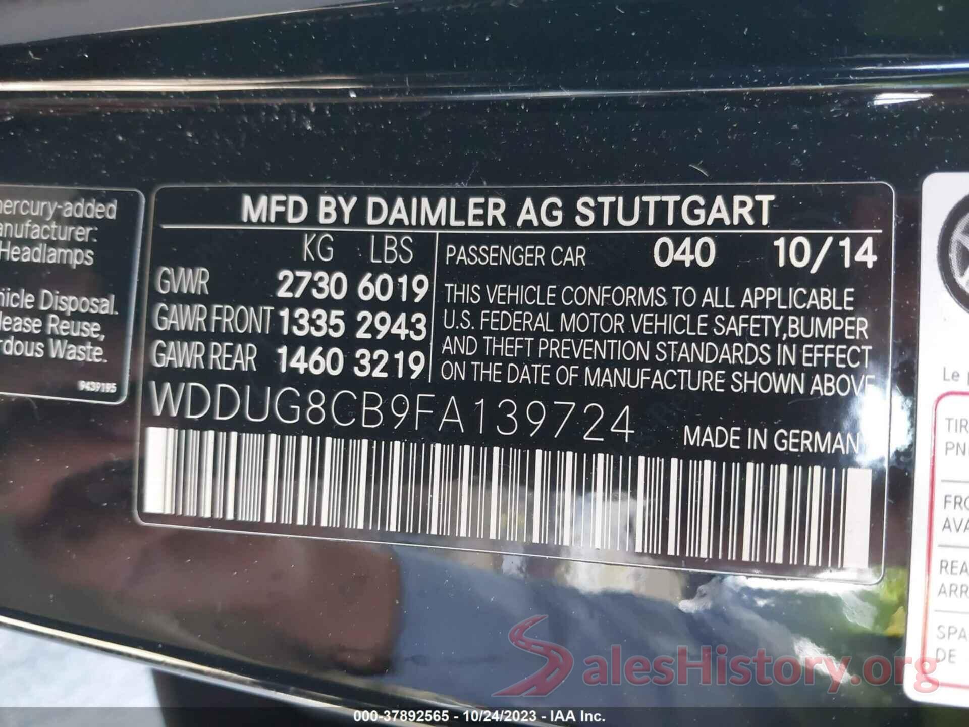 WDDUG8CB9FA139724 2015 MERCEDES-BENZ S-CLASS