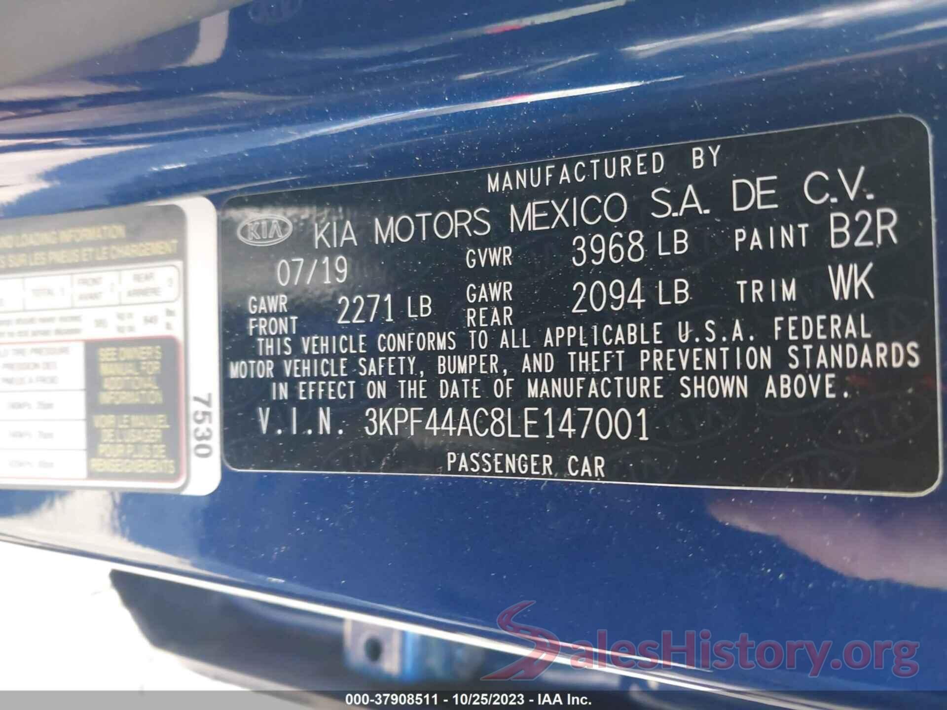 3KPF44AC8LE147001 2020 KIA FORTE