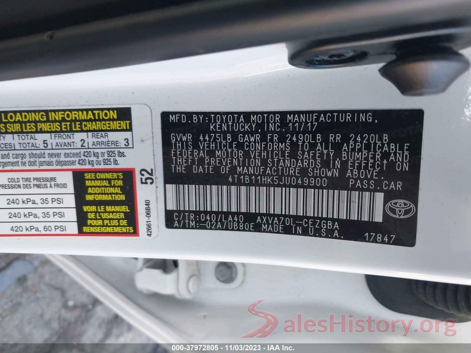 4T1B11HK5JU049900 2018 TOYOTA CAMRY