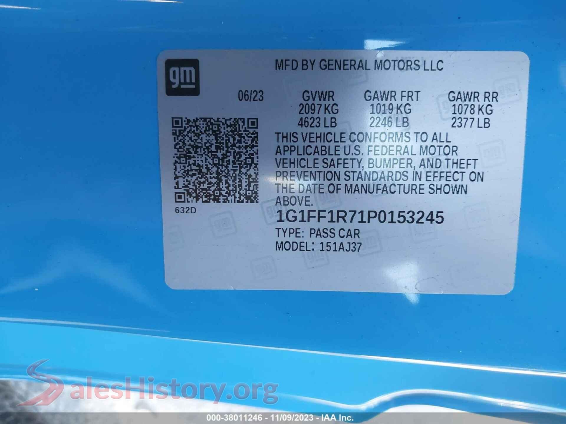 2023 CHEVROLET CAMARO VIN 1G1FF1R71P0153245, engine bay