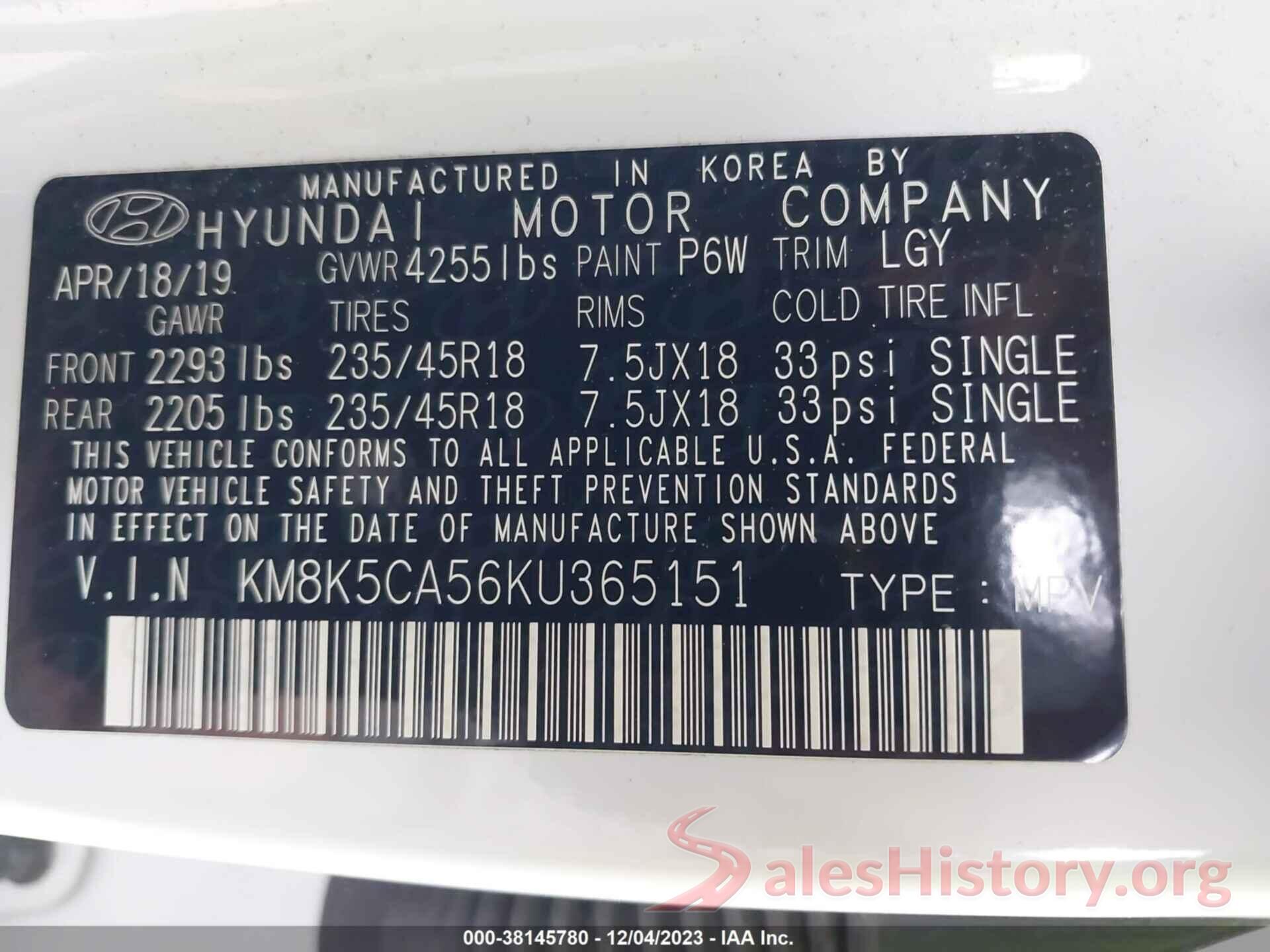 KM8K5CA56KU365151 2019 HYUNDAI KONA