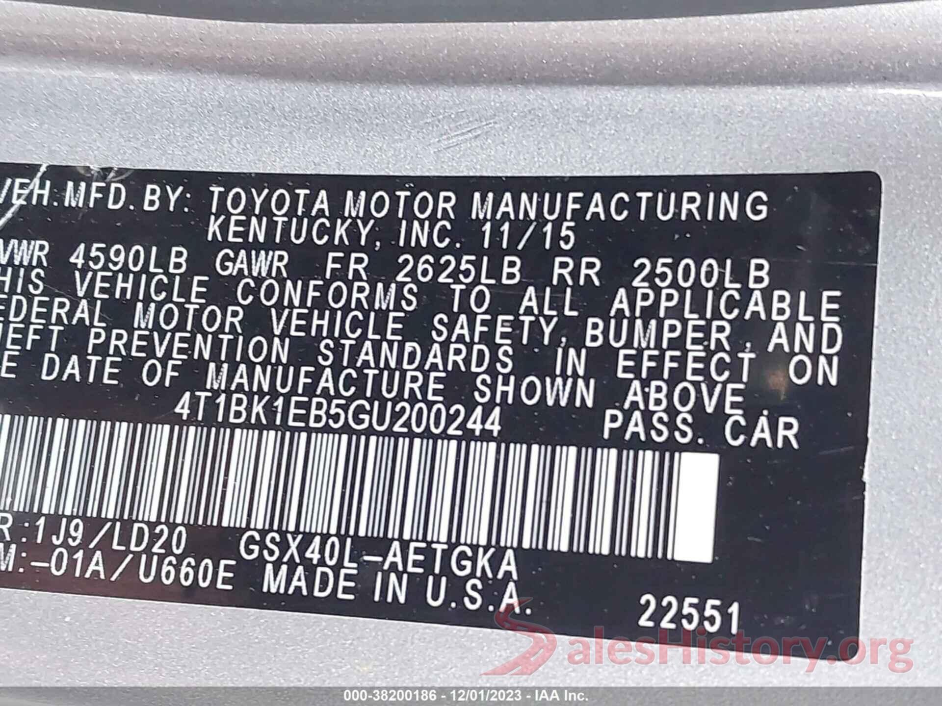 4T1BK1EB5GU200244 2016 TOYOTA AVALON