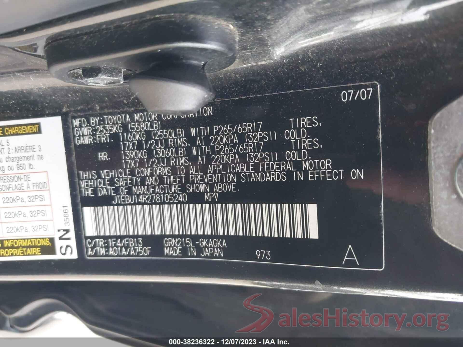 JTEBU14R278105240 2007 TOYOTA 4RUNNER