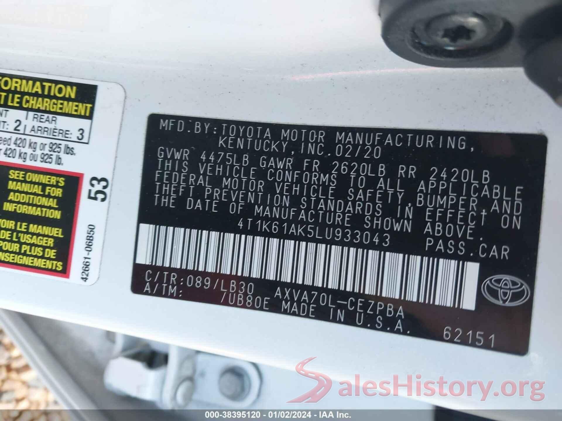 4T1K61AK5LU933043 2020 TOYOTA CAMRY