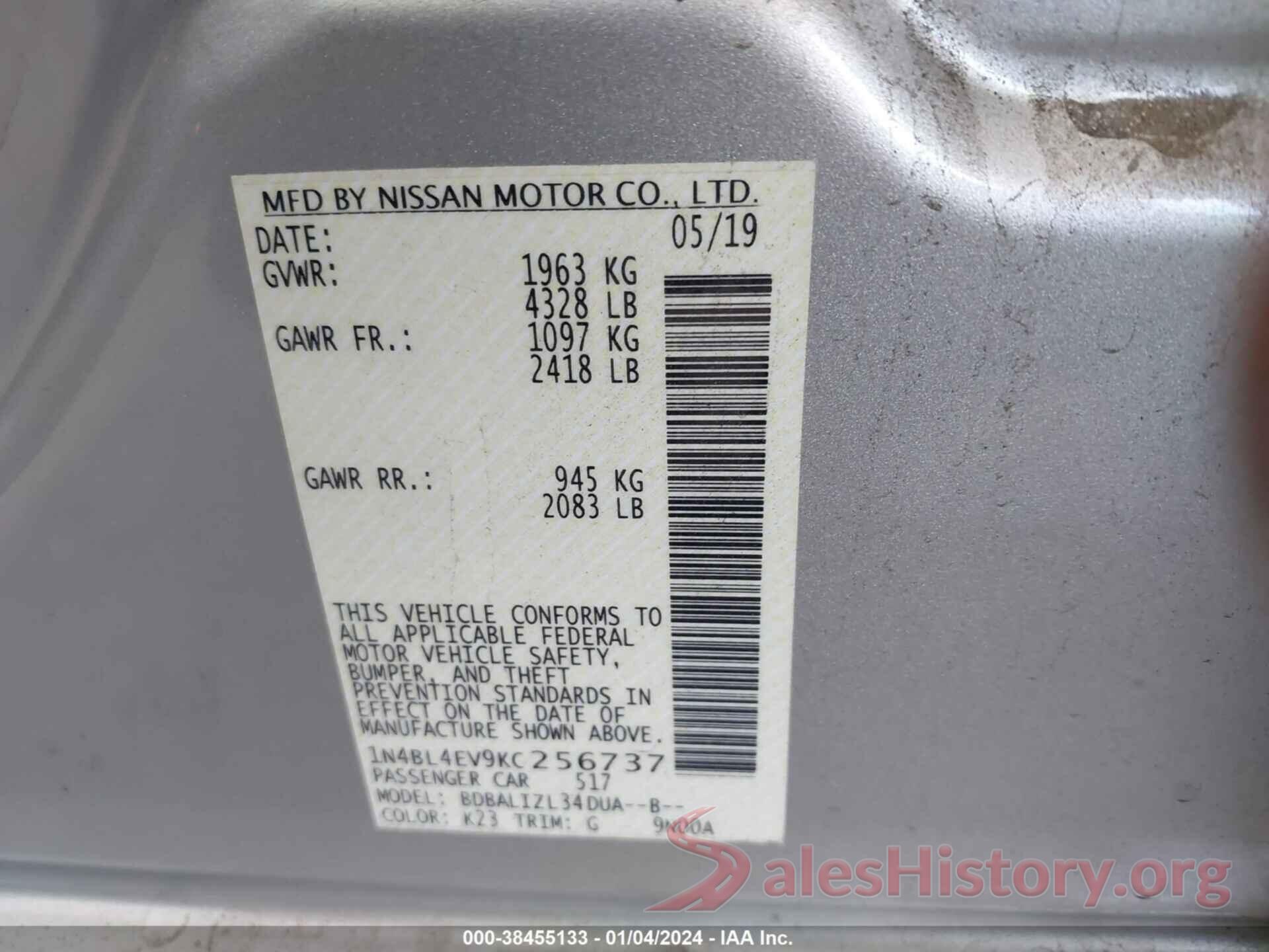 1N4BL4EV9KC256737 2019 NISSAN ALTIMA