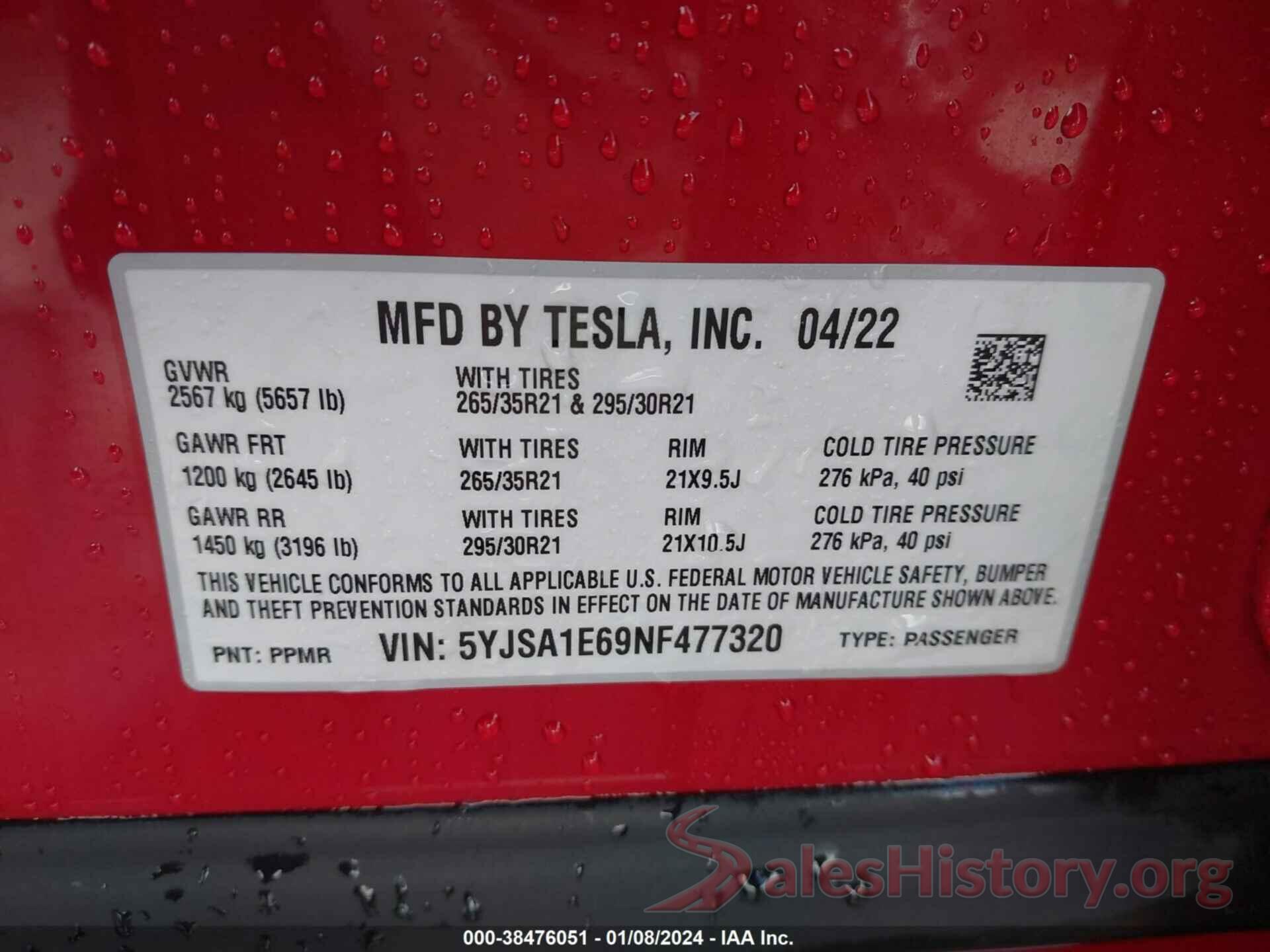 5YJSA1E69NF477320 2022 TESLA MODEL S