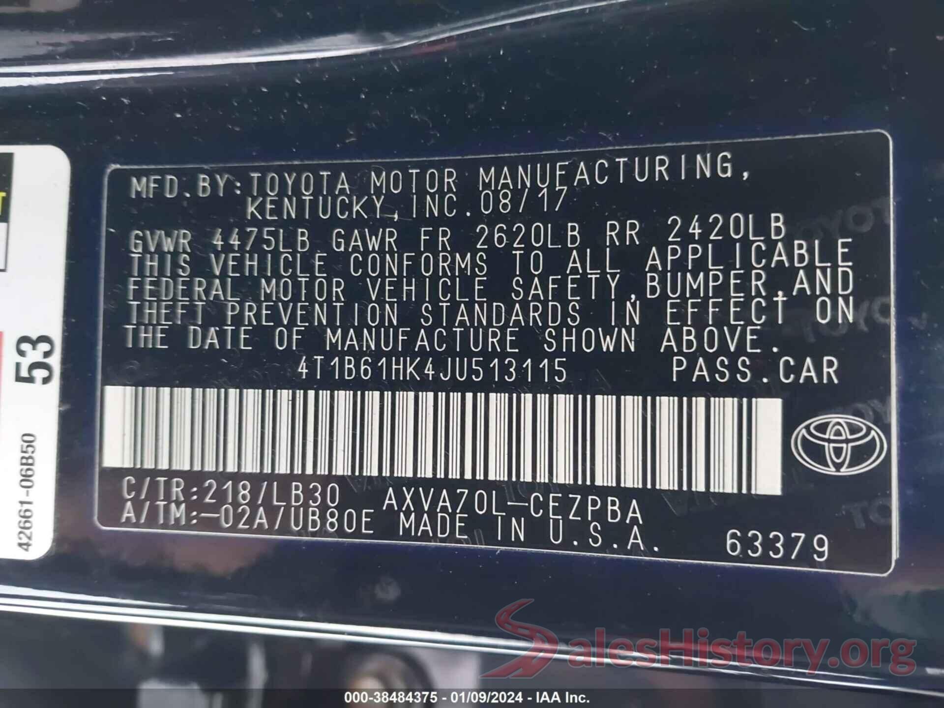 4T1B61HK4JU513115 2018 TOYOTA CAMRY