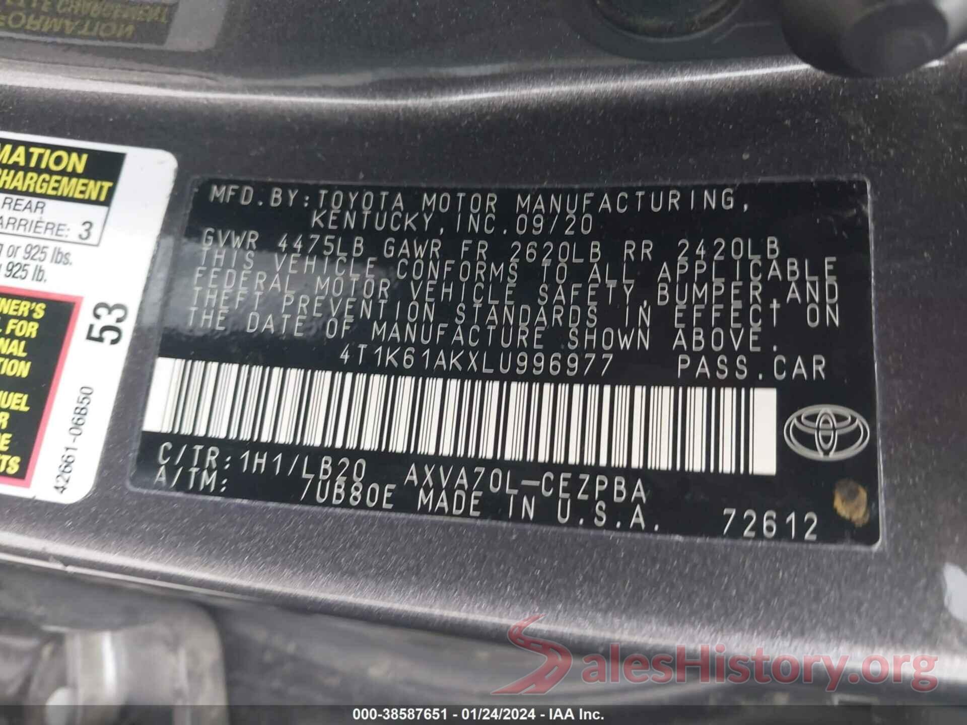 4T1K61AKXLU996977 2020 TOYOTA CAMRY