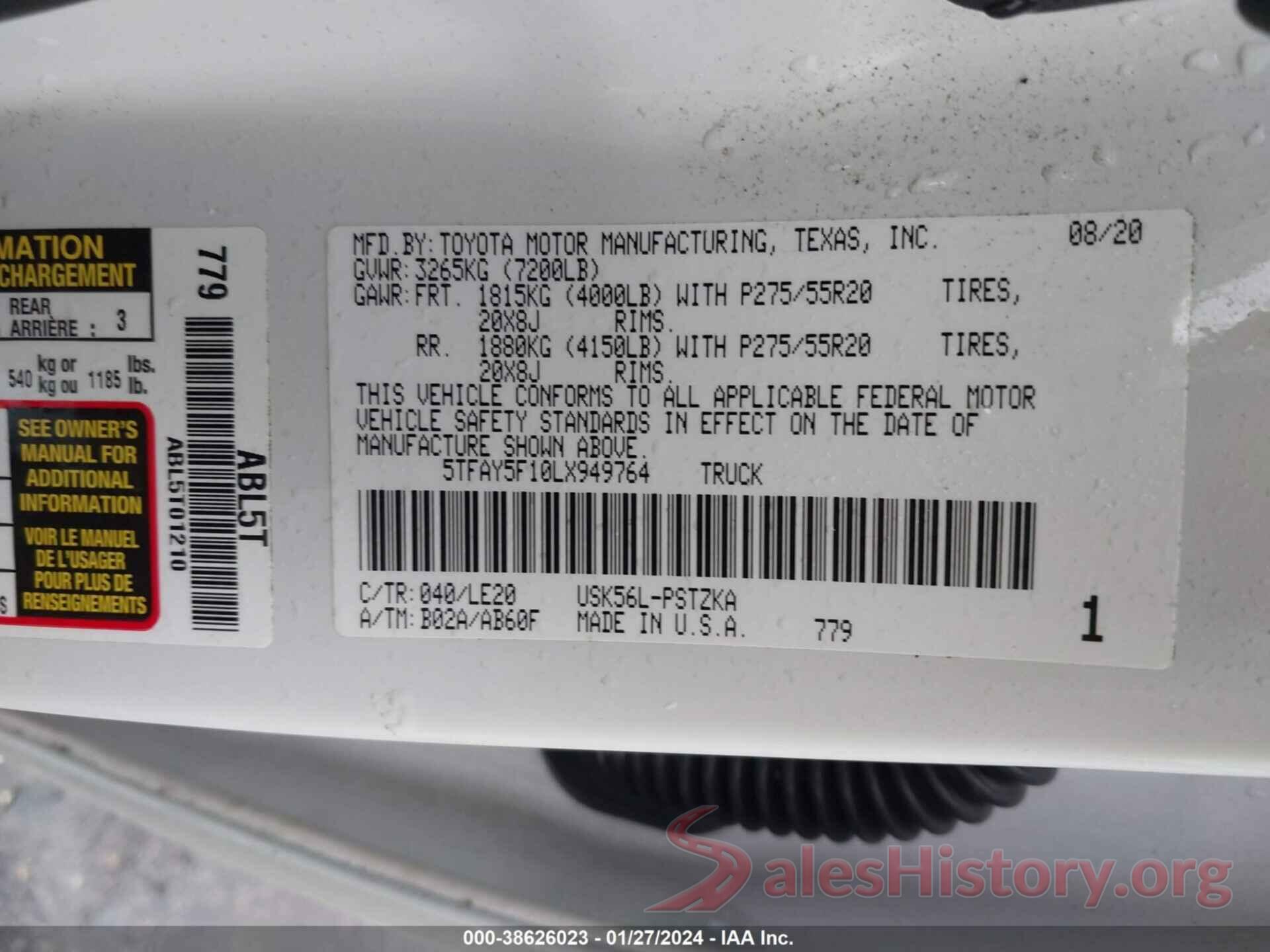 5TFAY5F10LX949764 2020 TOYOTA TUNDRA