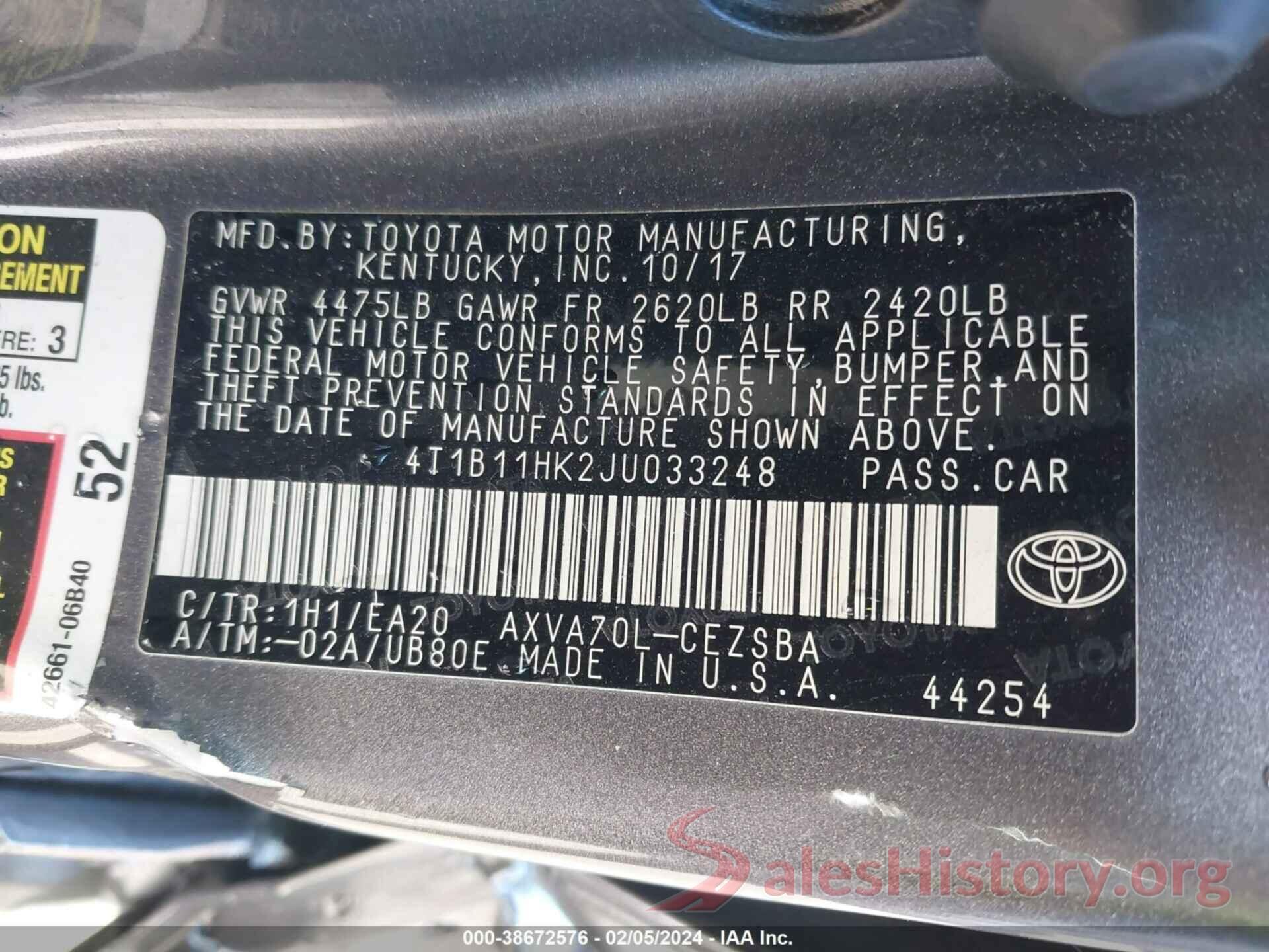 4T1B11HK2JU033248 2018 TOYOTA CAMRY