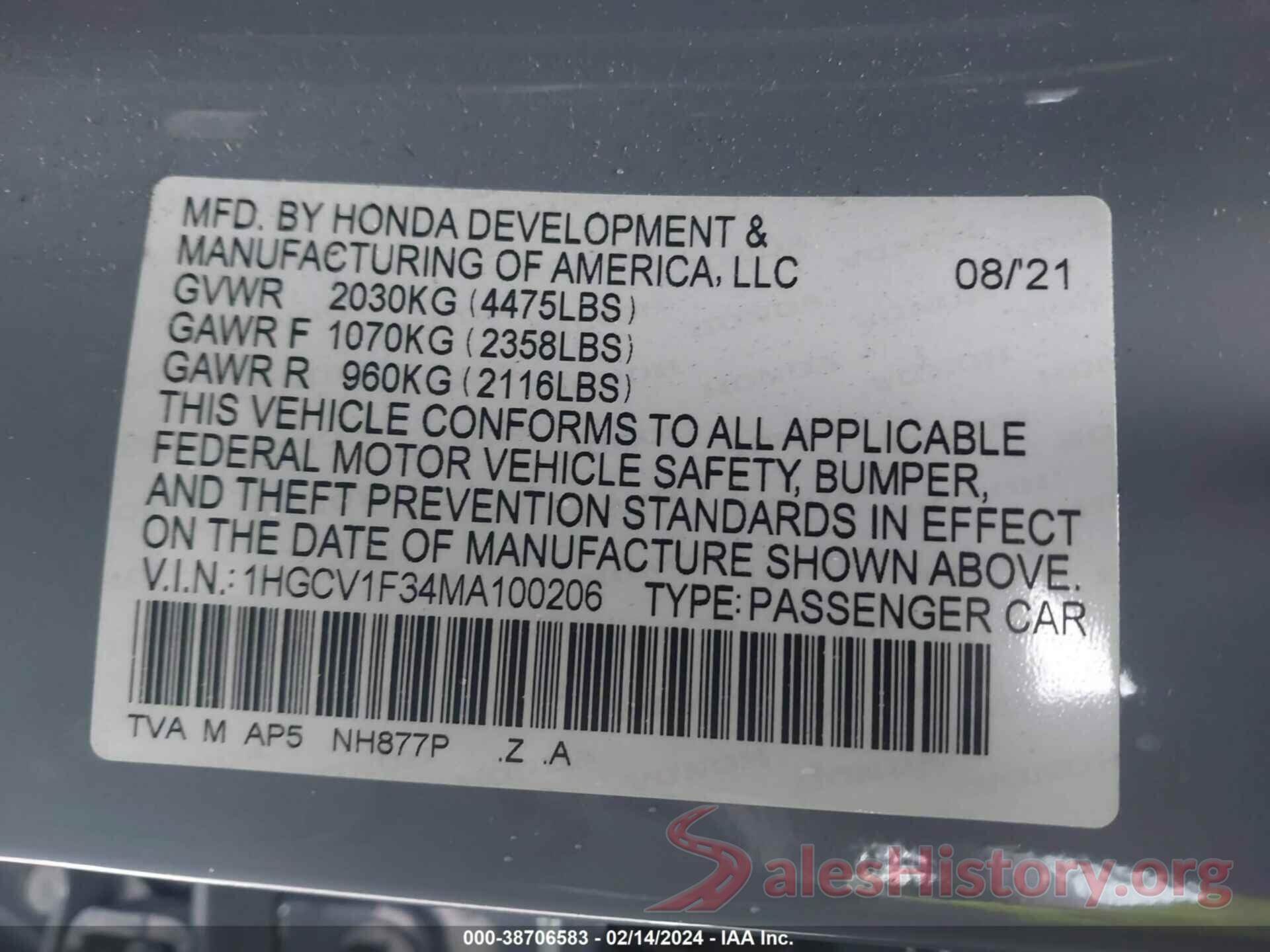 1HGCV1F34MA100206 2021 HONDA ACCORD