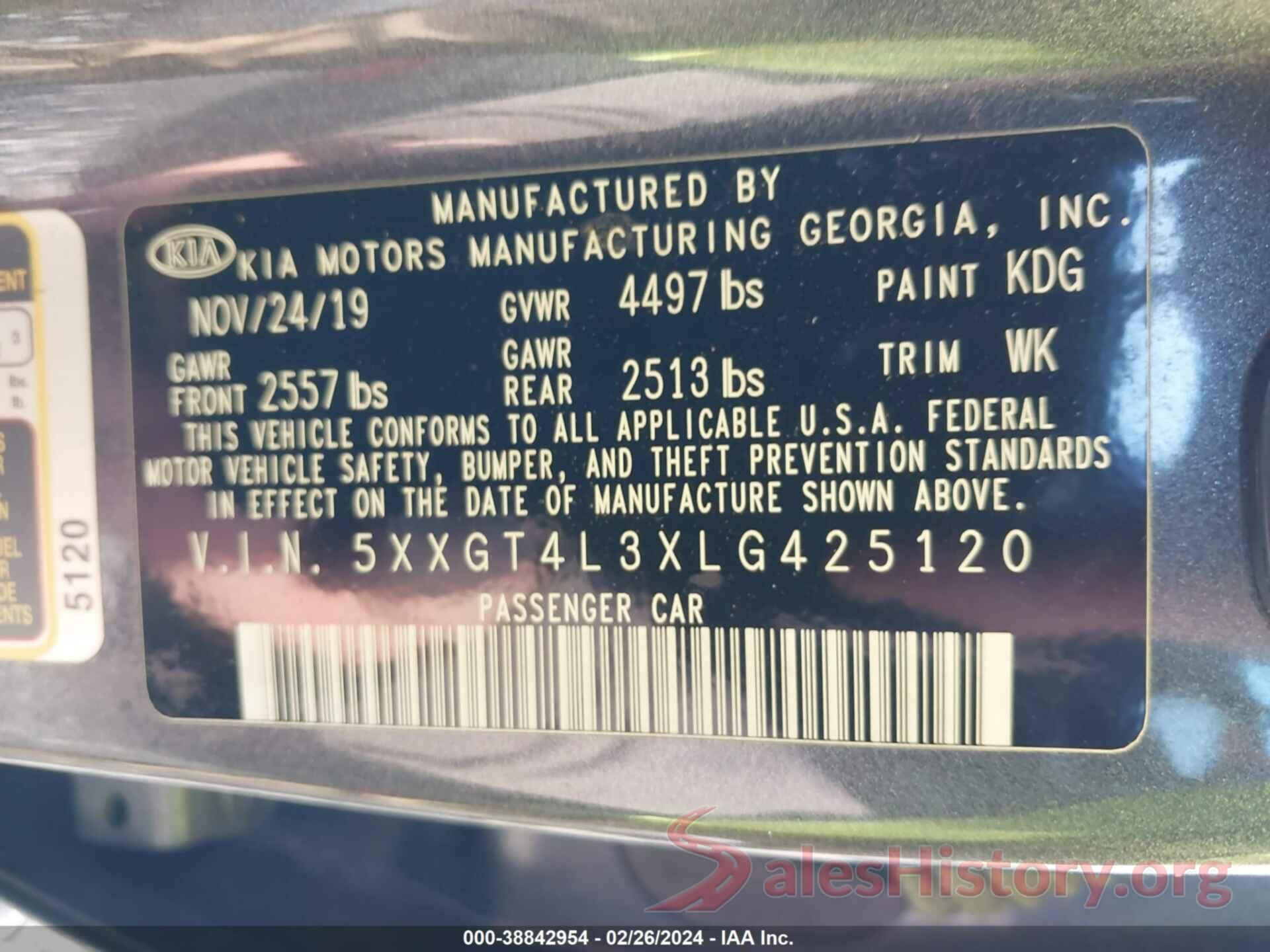 5XXGT4L3XLG425120 2020 KIA OPTIMA