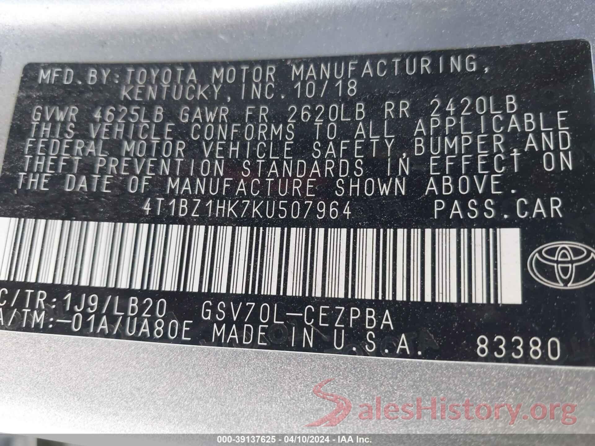 4T1BZ1HK7KU507964 2019 TOYOTA CAMRY