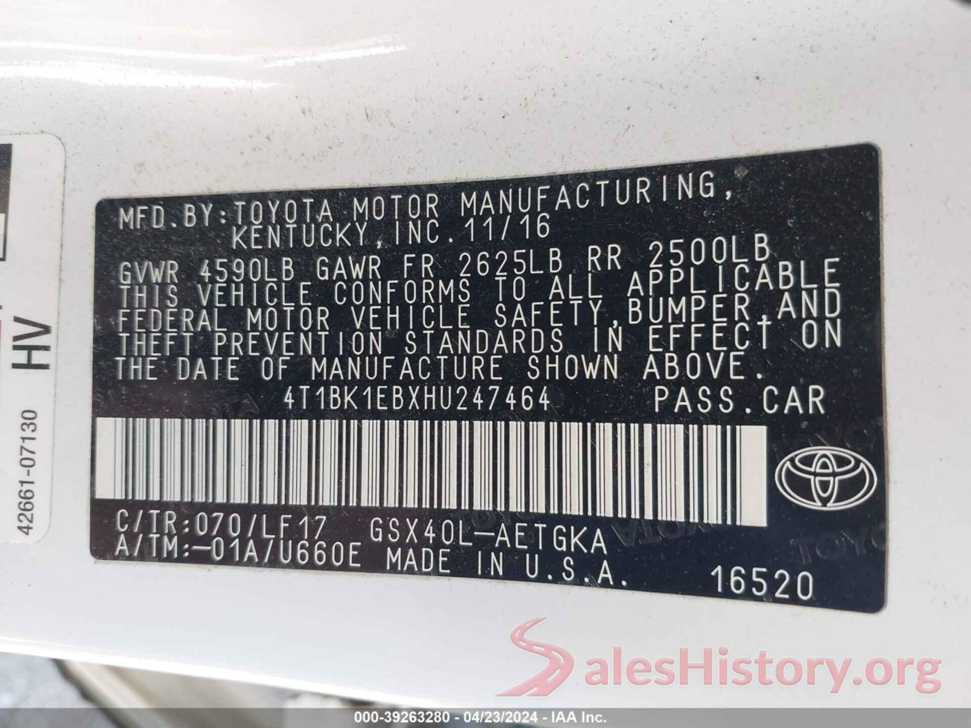 4T1BK1EBXHU247464 2017 TOYOTA AVALON