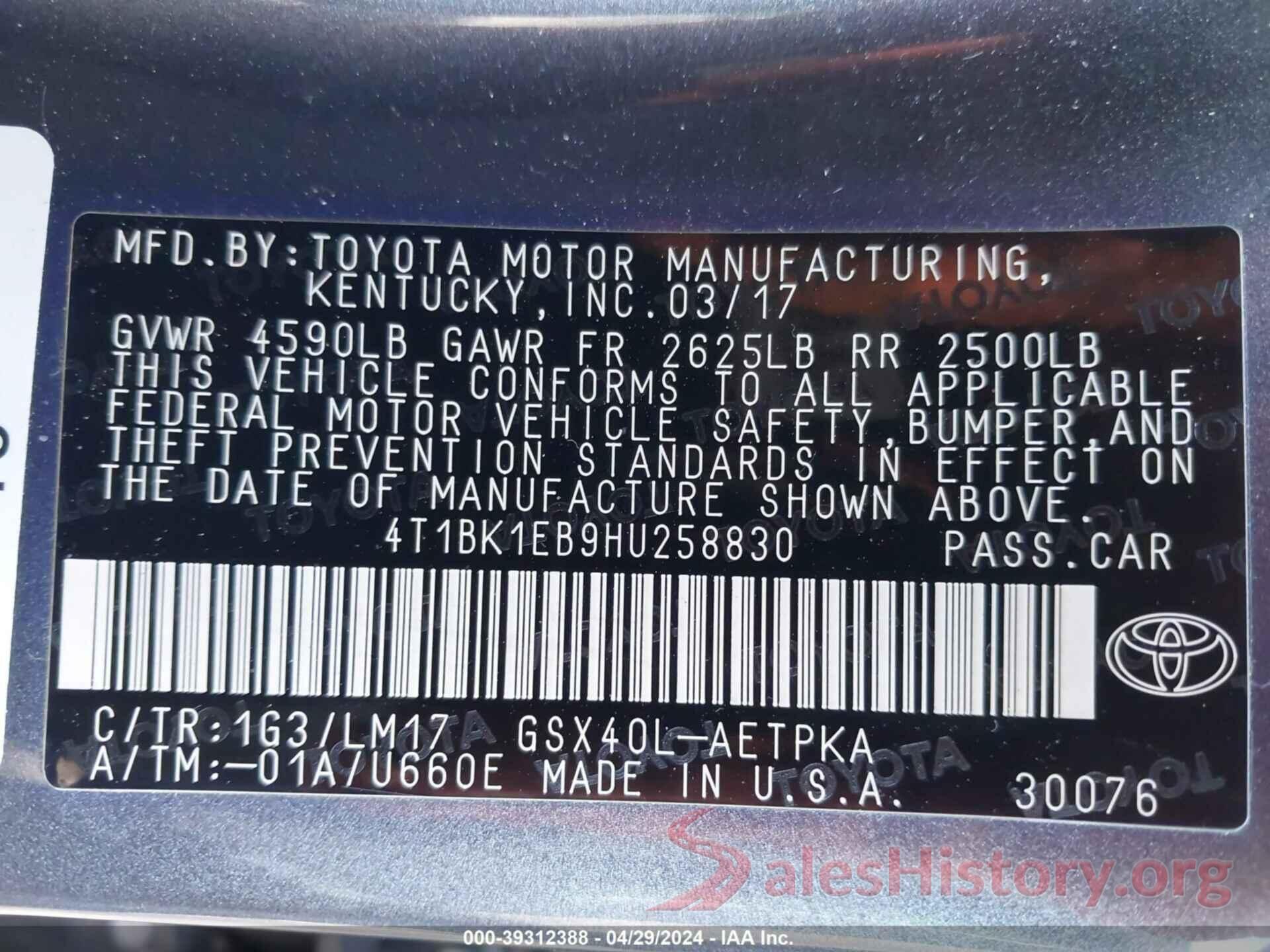 4T1BK1EB9HU258830 2017 TOYOTA AVALON