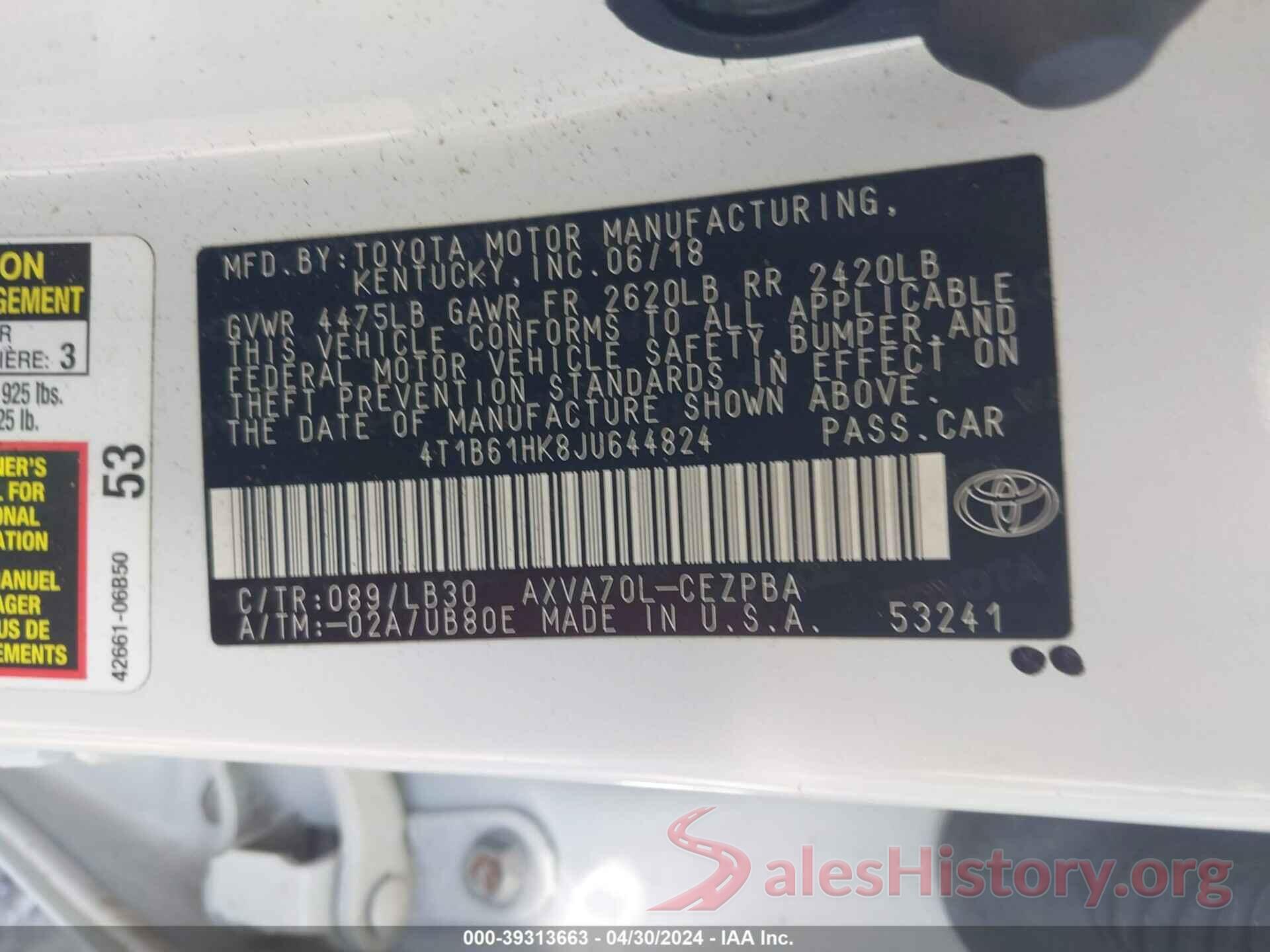 4T1B61HK8JU644824 2018 TOYOTA CAMRY