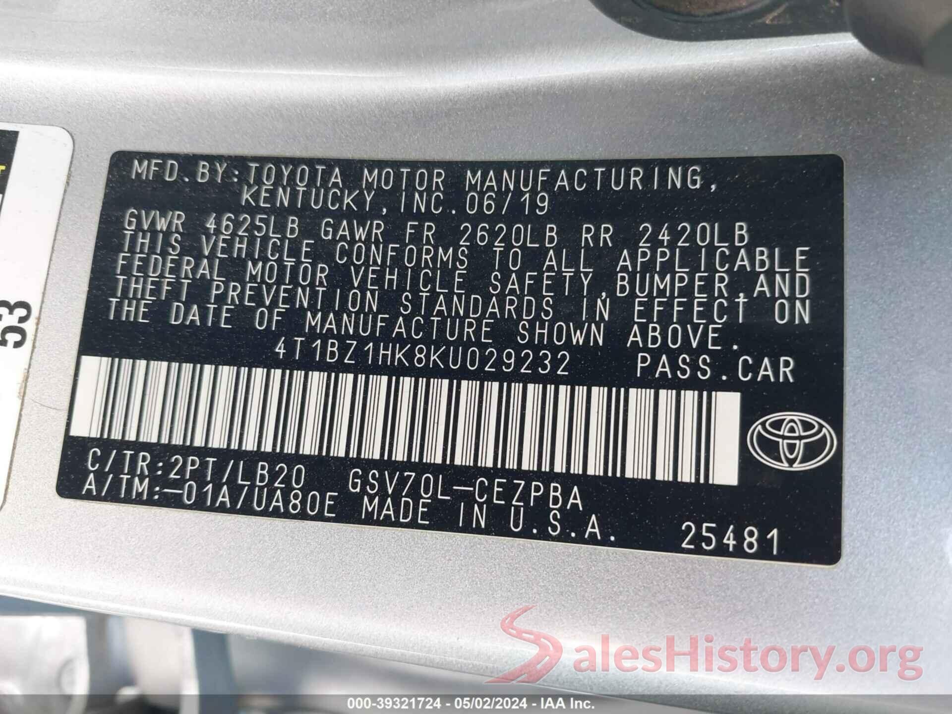 4T1BZ1HK8KU029232 2019 TOYOTA CAMRY