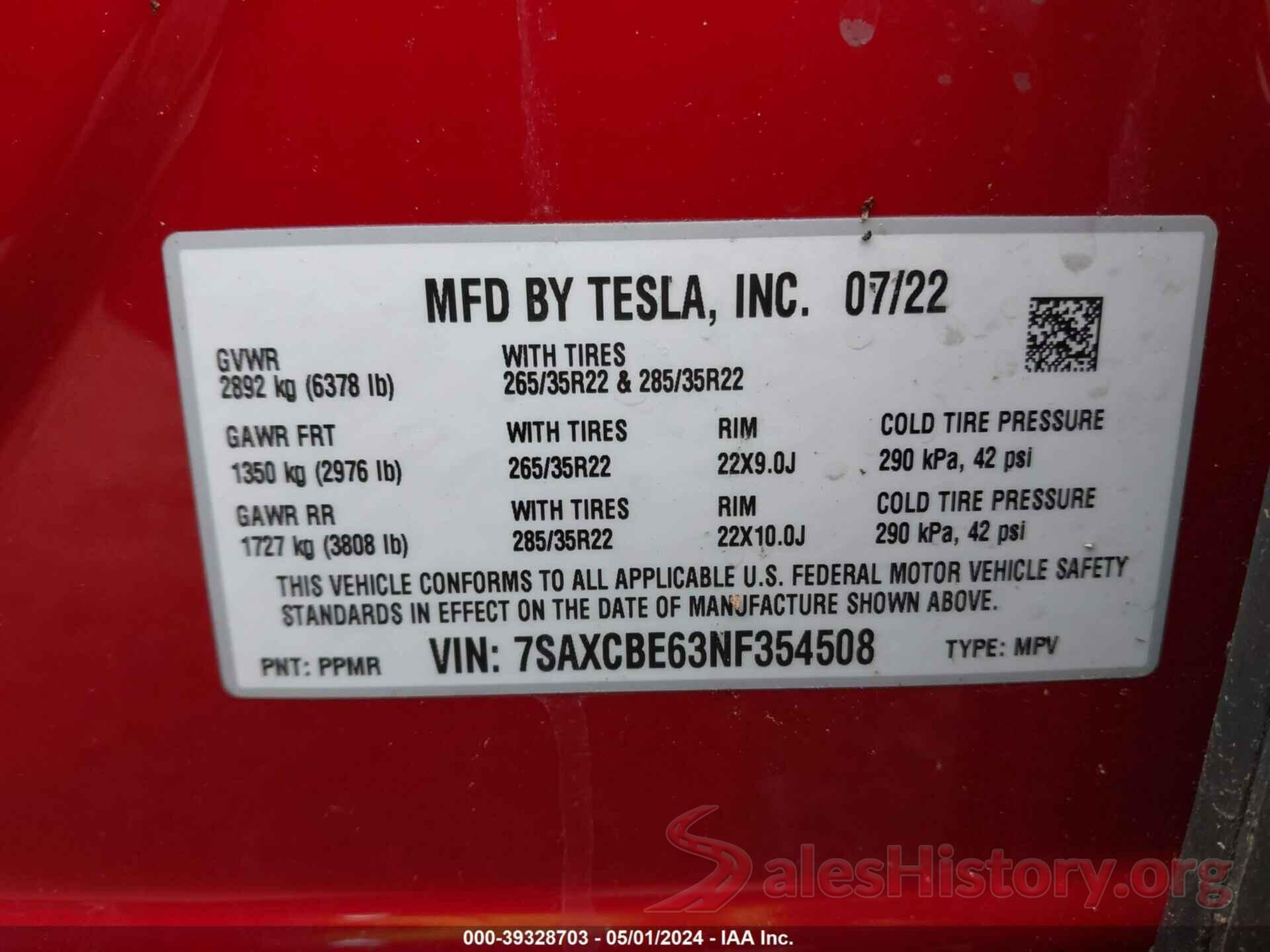 7SAXCBE63NF354508 2022 TESLA MODEL X