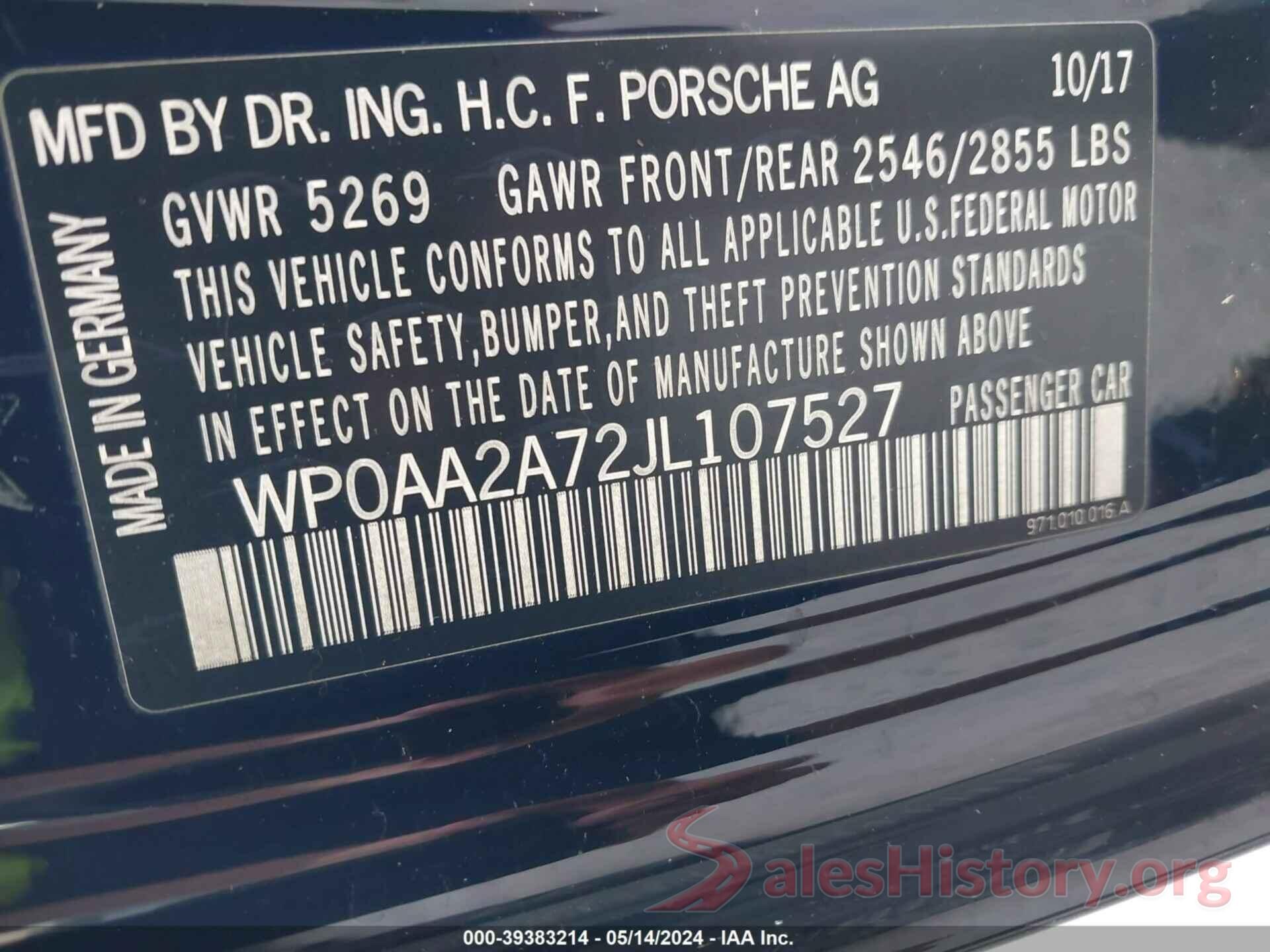 WP0AA2A72JL107527 2018 PORSCHE PANAMERA