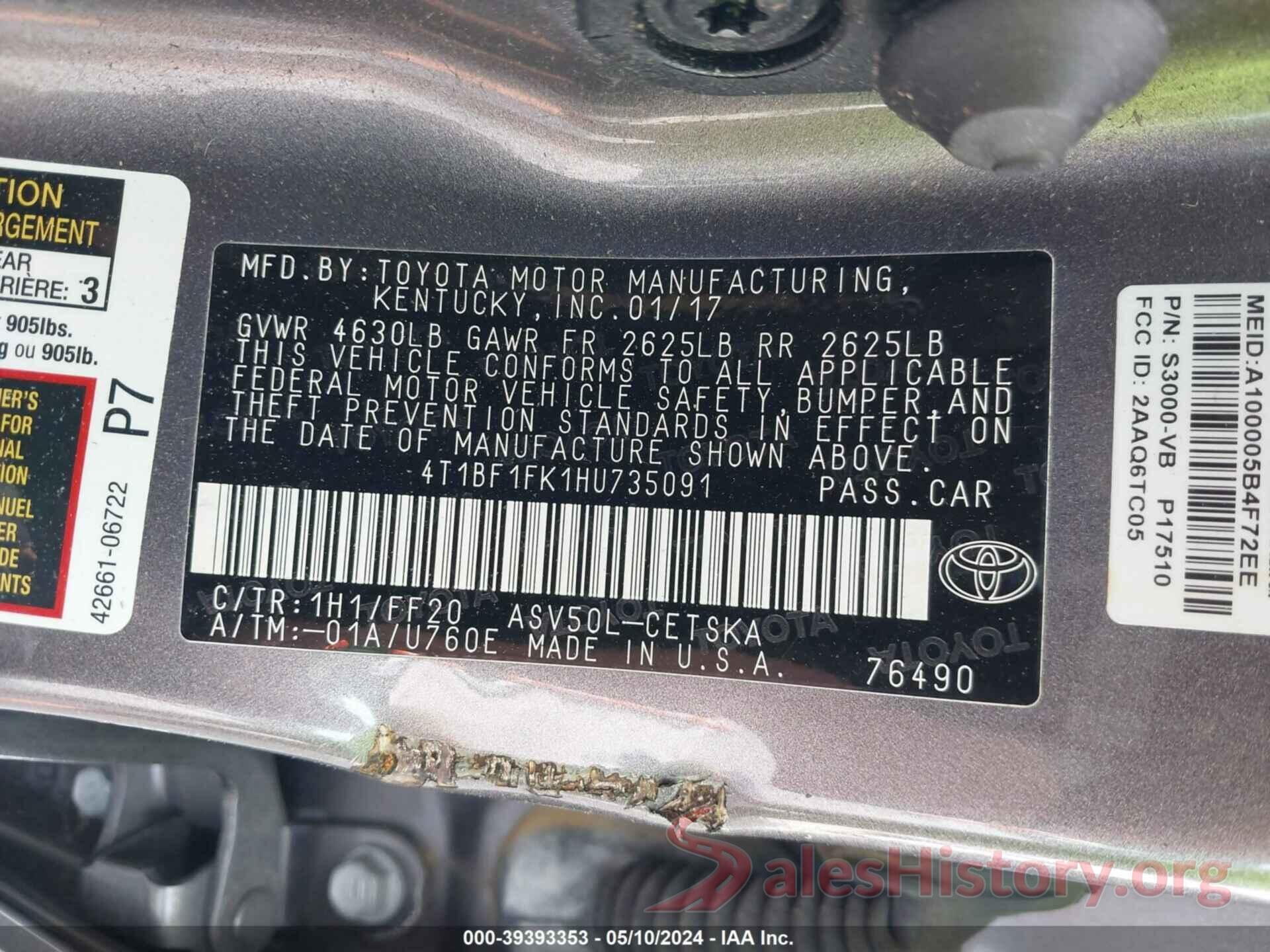 4T1BF1FK1HU735091 2017 TOYOTA CAMRY