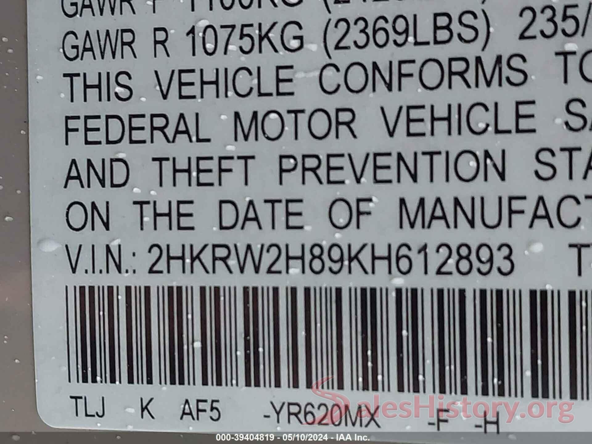 2HKRW2H89KH612893 2019 HONDA CR-V