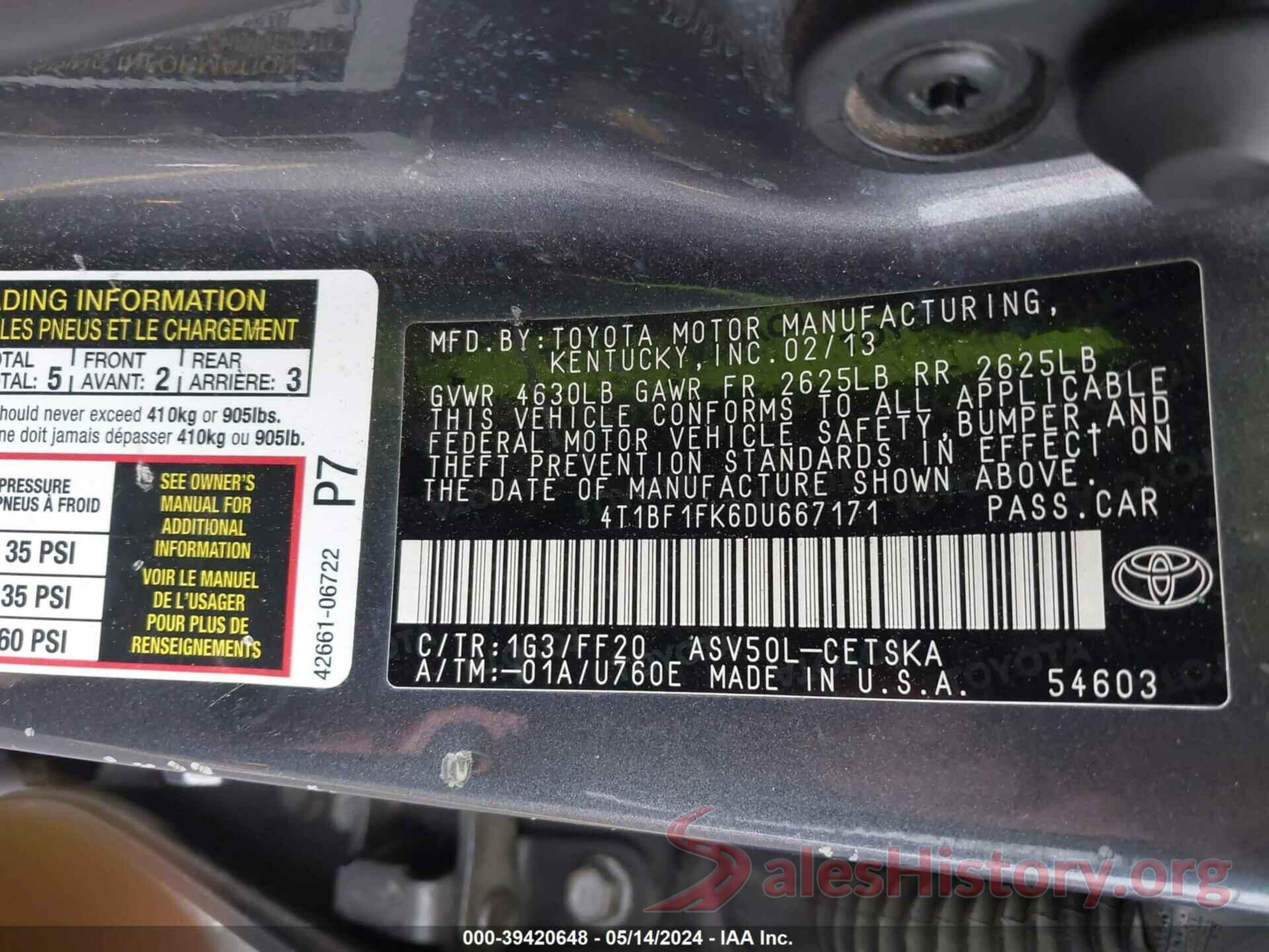 4T1BF1FK6DU667171 2013 TOYOTA CAMRY