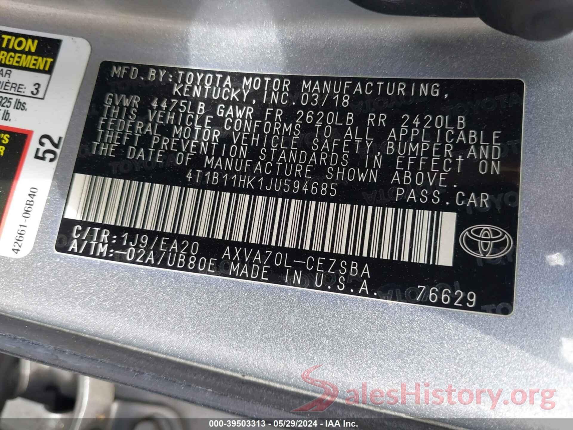 4T1B11HK1JU594685 2018 TOYOTA CAMRY