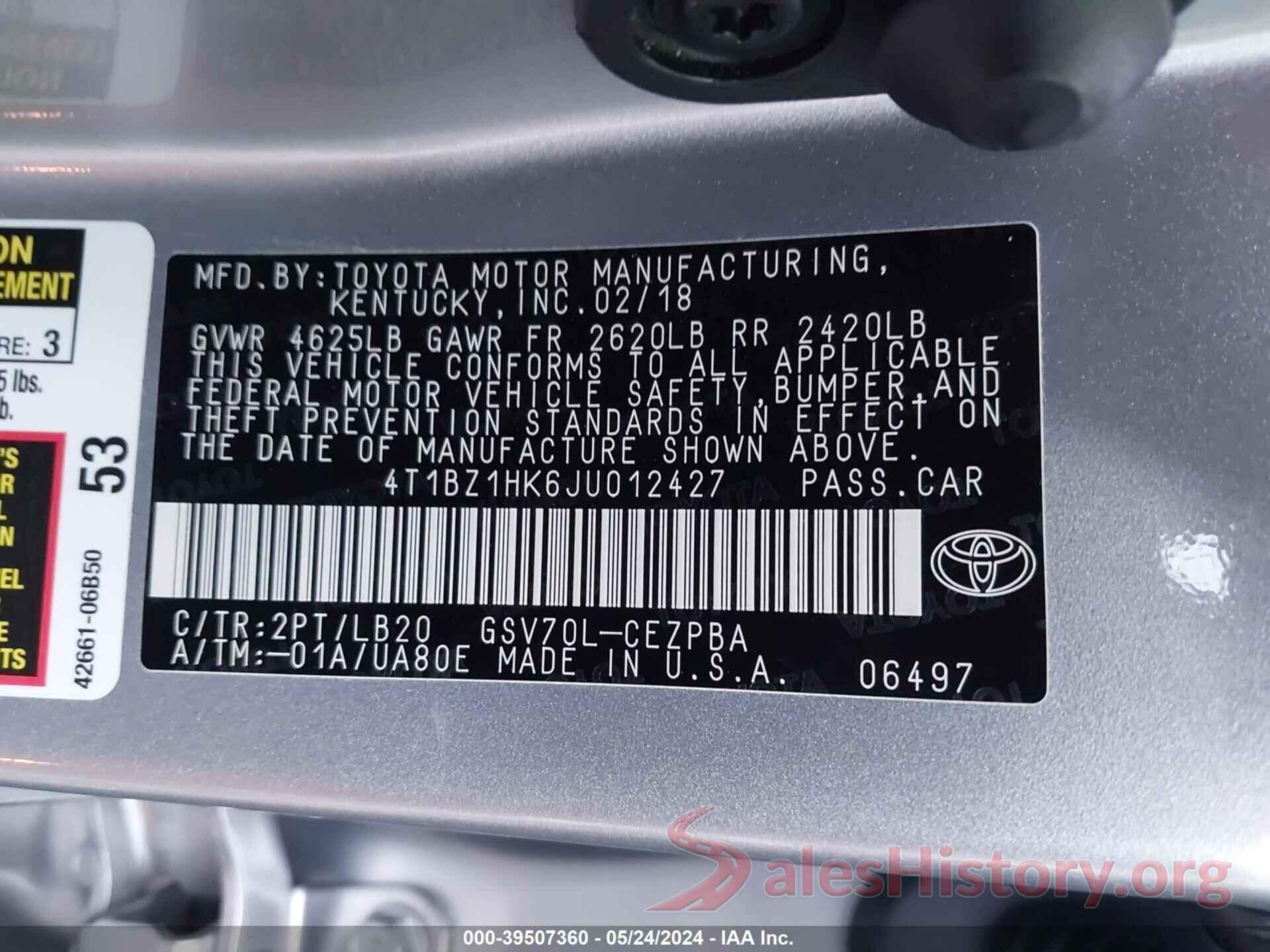 4T1BZ1HK6JU012427 2018 TOYOTA CAMRY