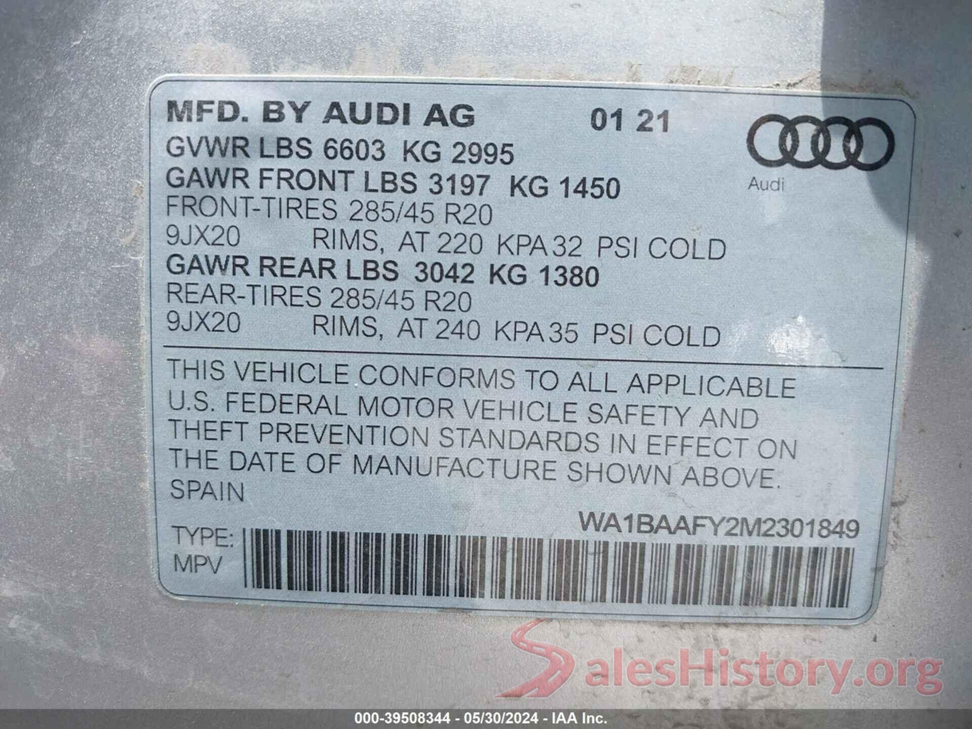 WA1BAAFY2M2301849 2021 AUDI Q5