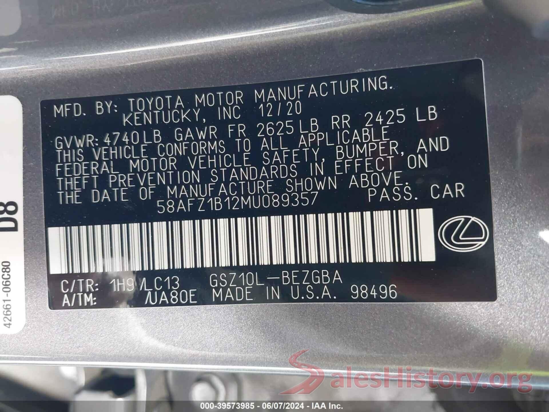 58AFZ1B12MU089357 2021 LEXUS ES