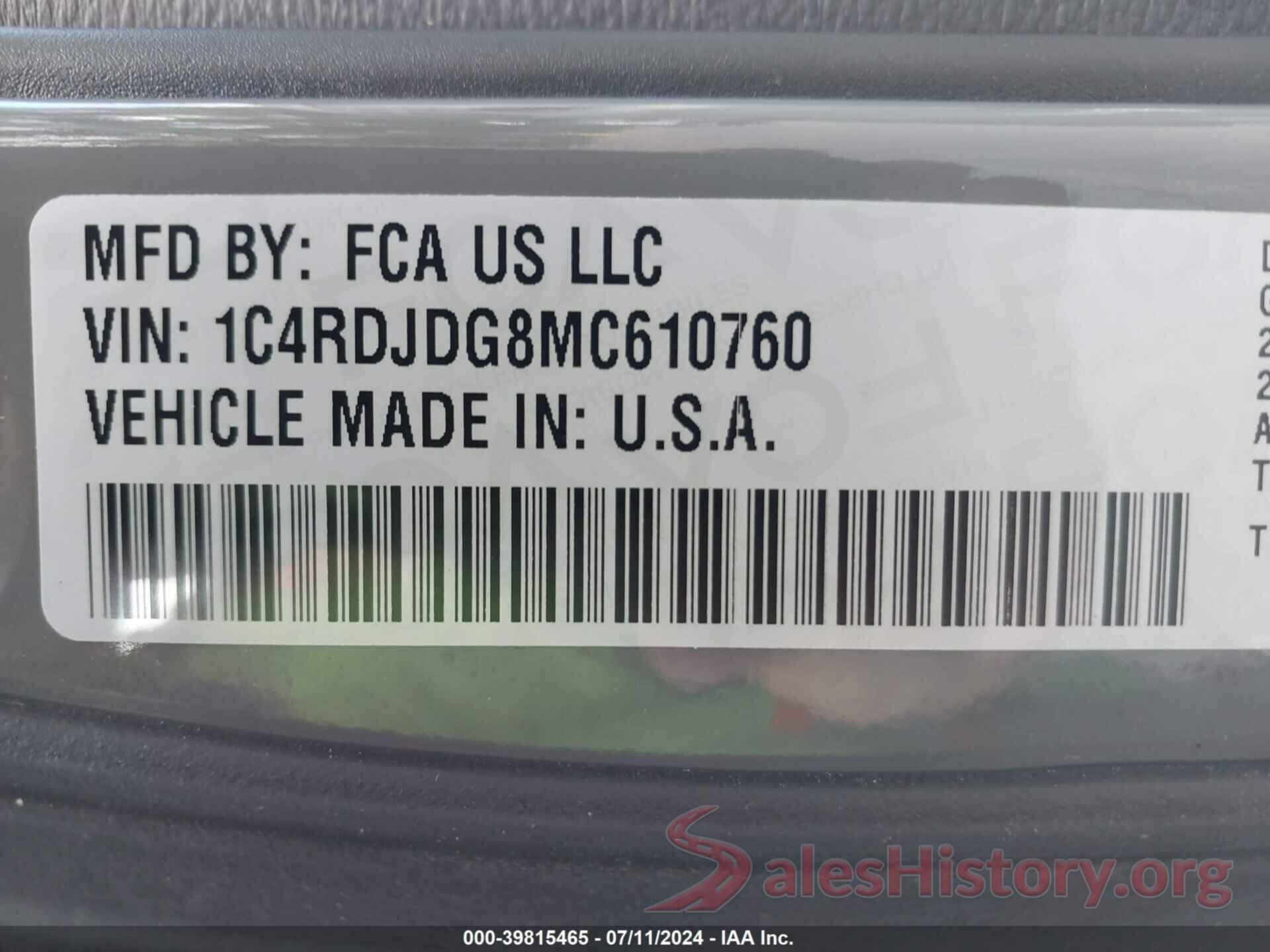 1C4RDJDG8MC610760 2021 DODGE DURANGO