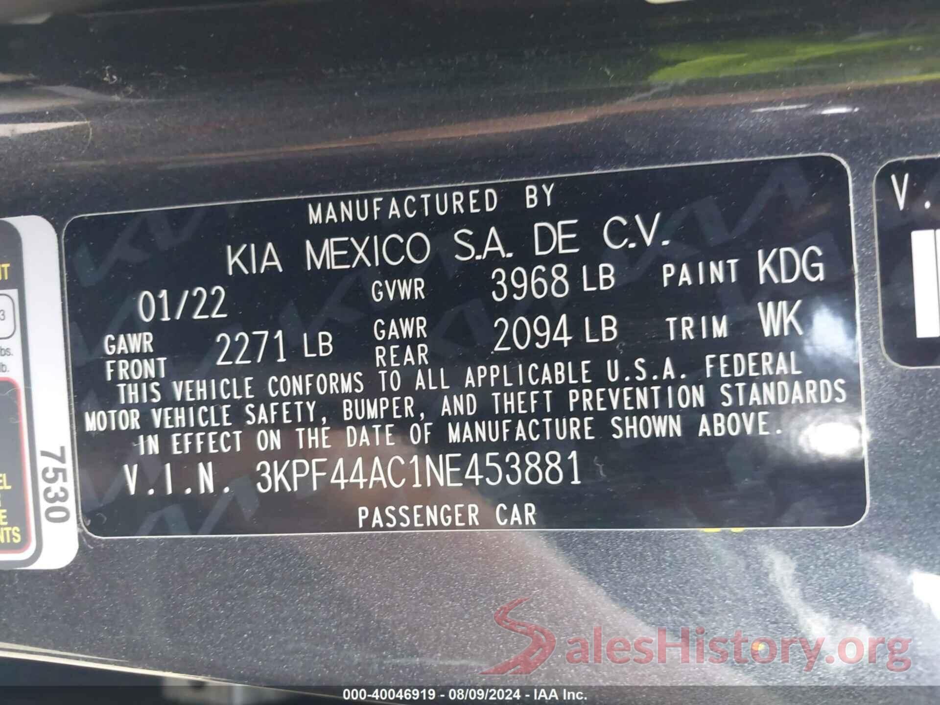 3KPF44AC1NE453881 2022 KIA FORTE