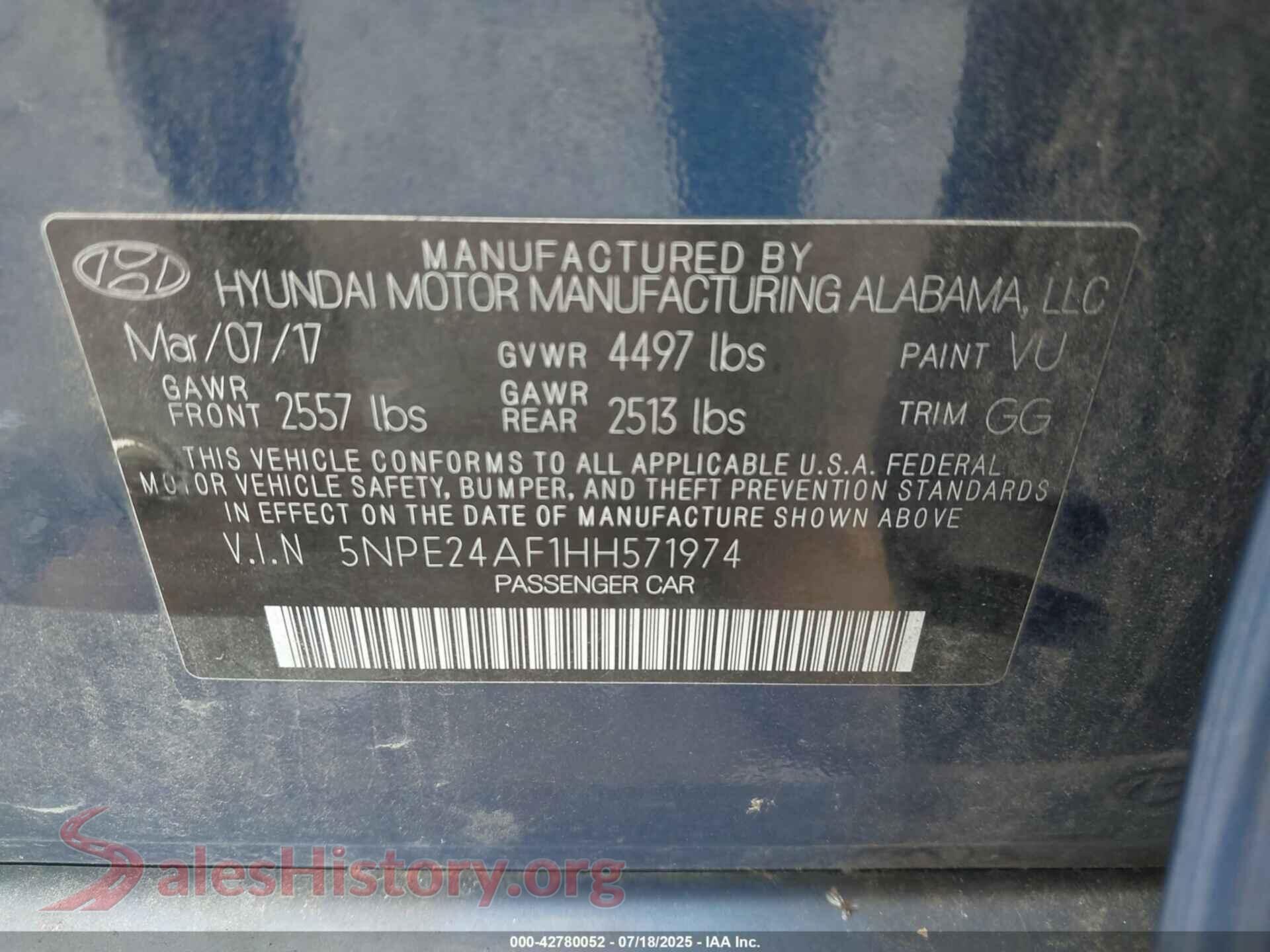 2017 HYUNDAI SONATA VIN 5NPE24AF1HH571974, engine bay