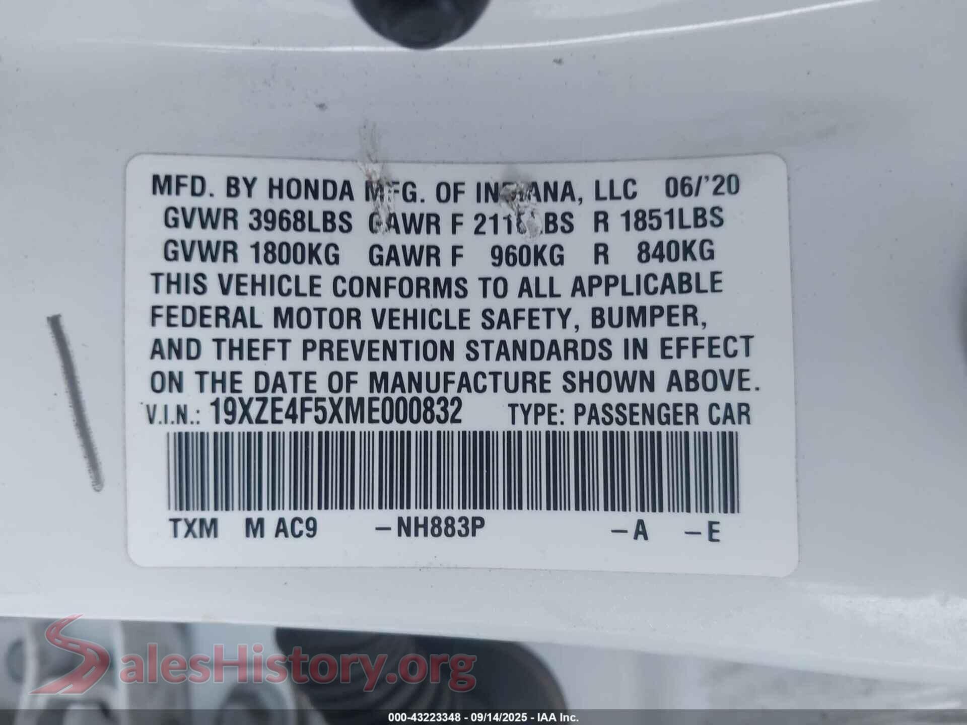 2021 HONDA INSIGHT VIN 19XZE4F5XME000832, engine bay